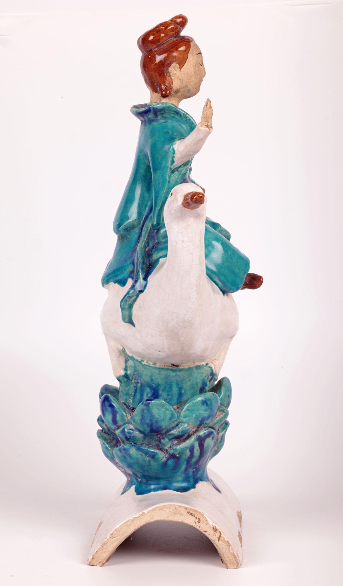 Chinese Sancai Guanyin Riding a Goose Pottery Roof Tile For Sale 8