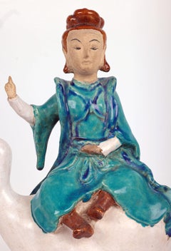 Chinese Sancai Guanyin Riding a Goose Pottery Roof Tile