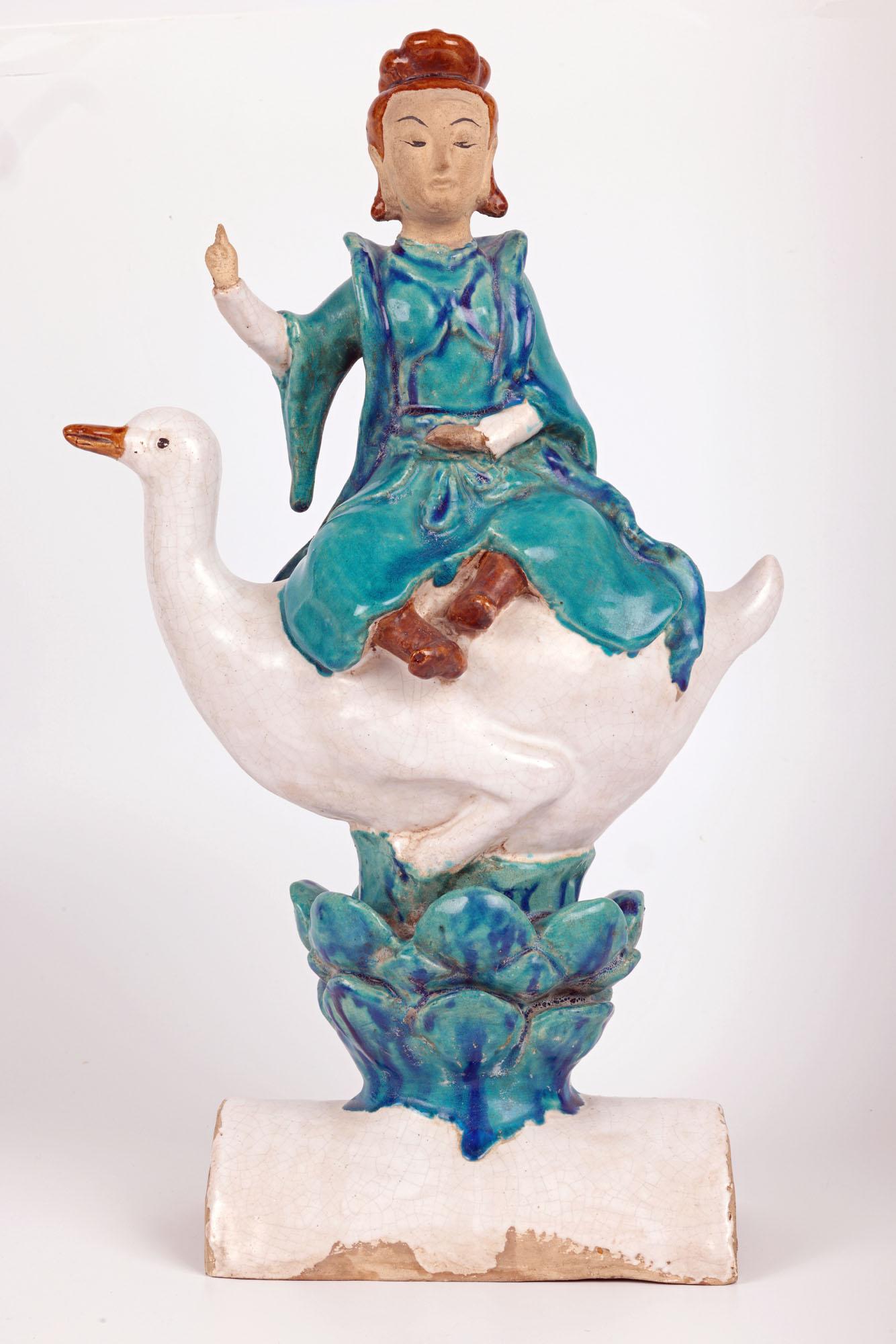 Chinese Sancai Guanyin Riding a Goose Pottery Roof Tile In Good Condition For Sale In Bishop's Stortford, Hertfordshire