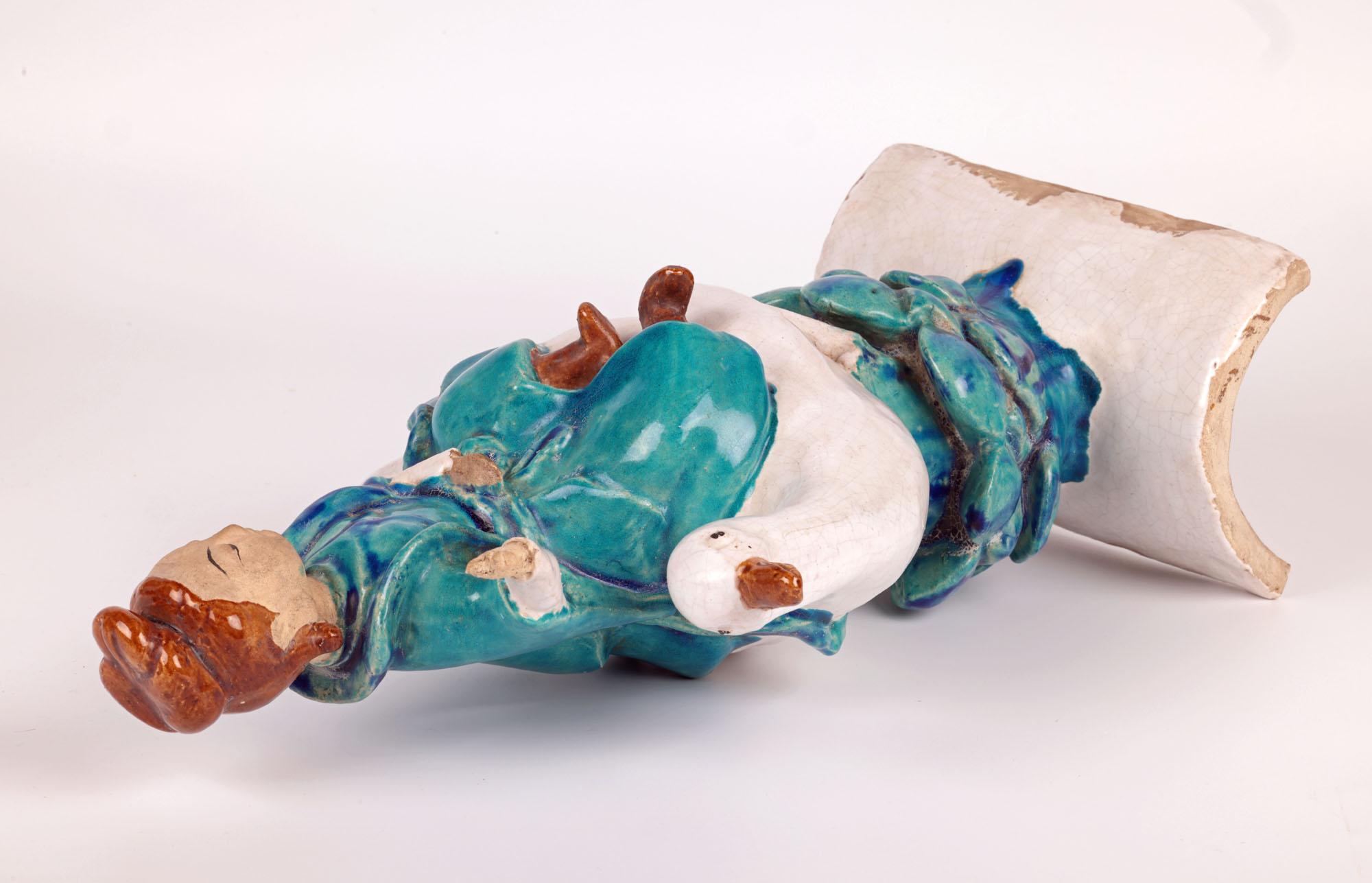 19th Century Chinese Sancai Guanyin Riding a Goose Pottery Roof Tile For Sale