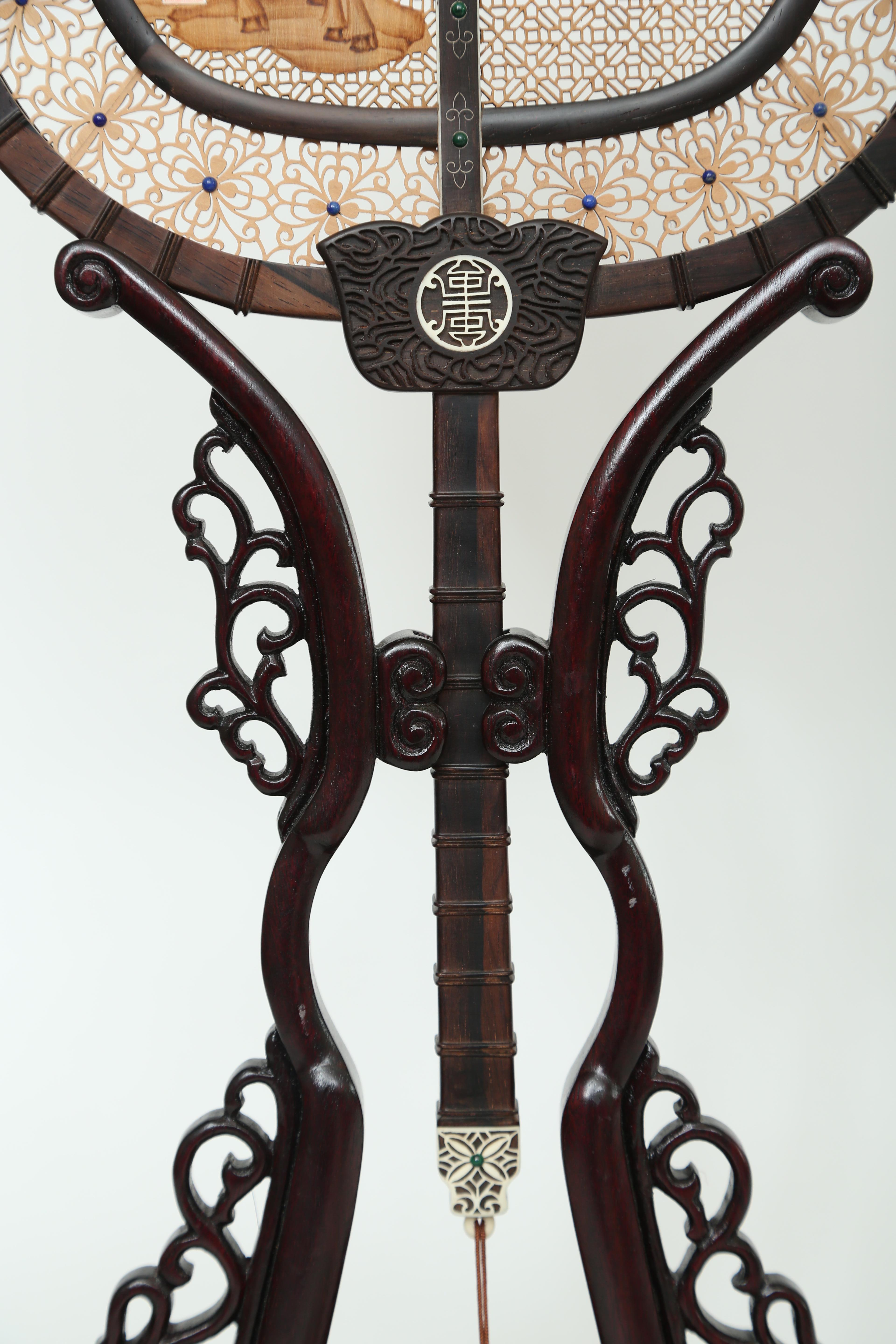 Chinese Sandalwood Screen in Fan Shape on Stand 4