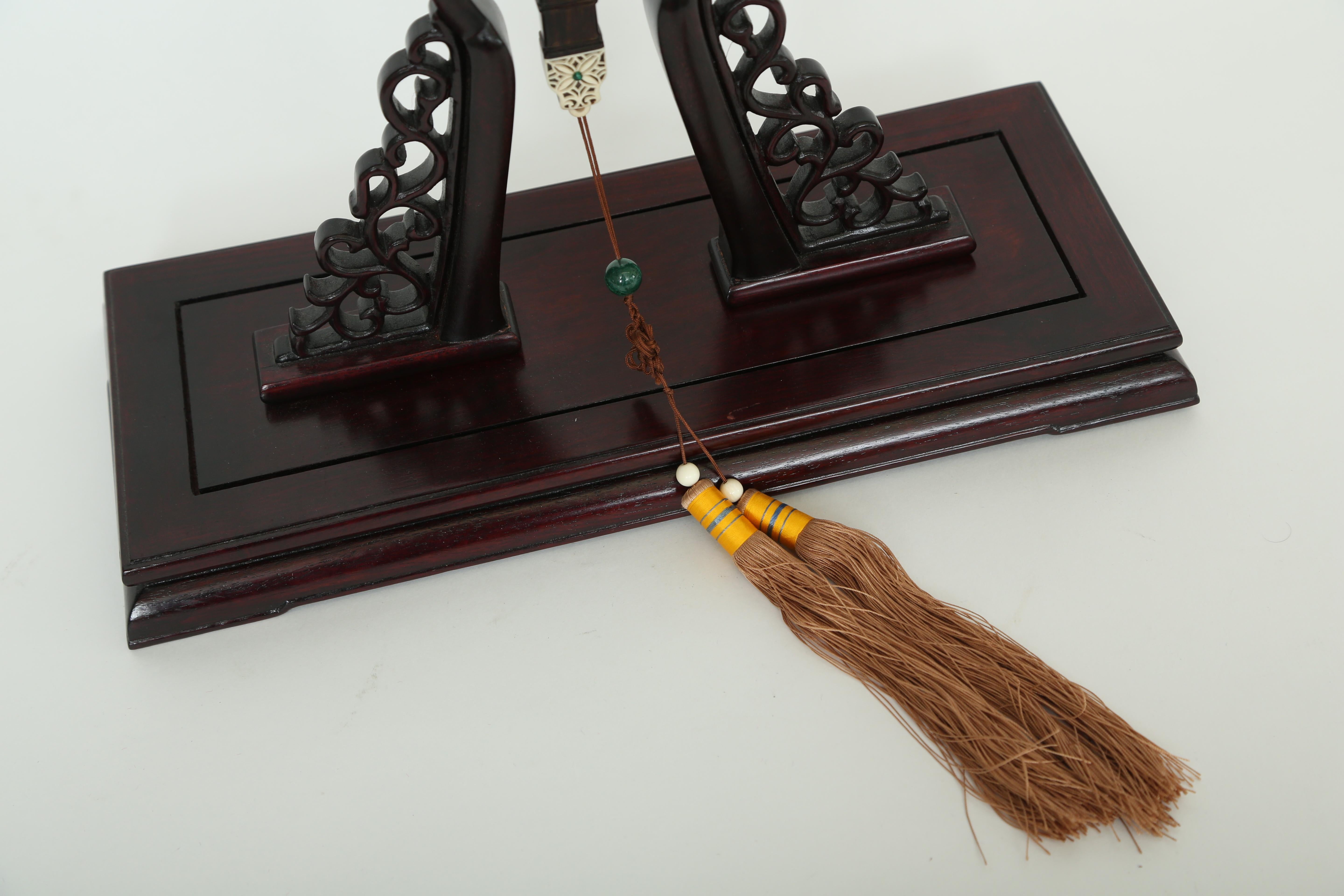 Chinese Sandalwood Screen in Fan Shape on Stand 5