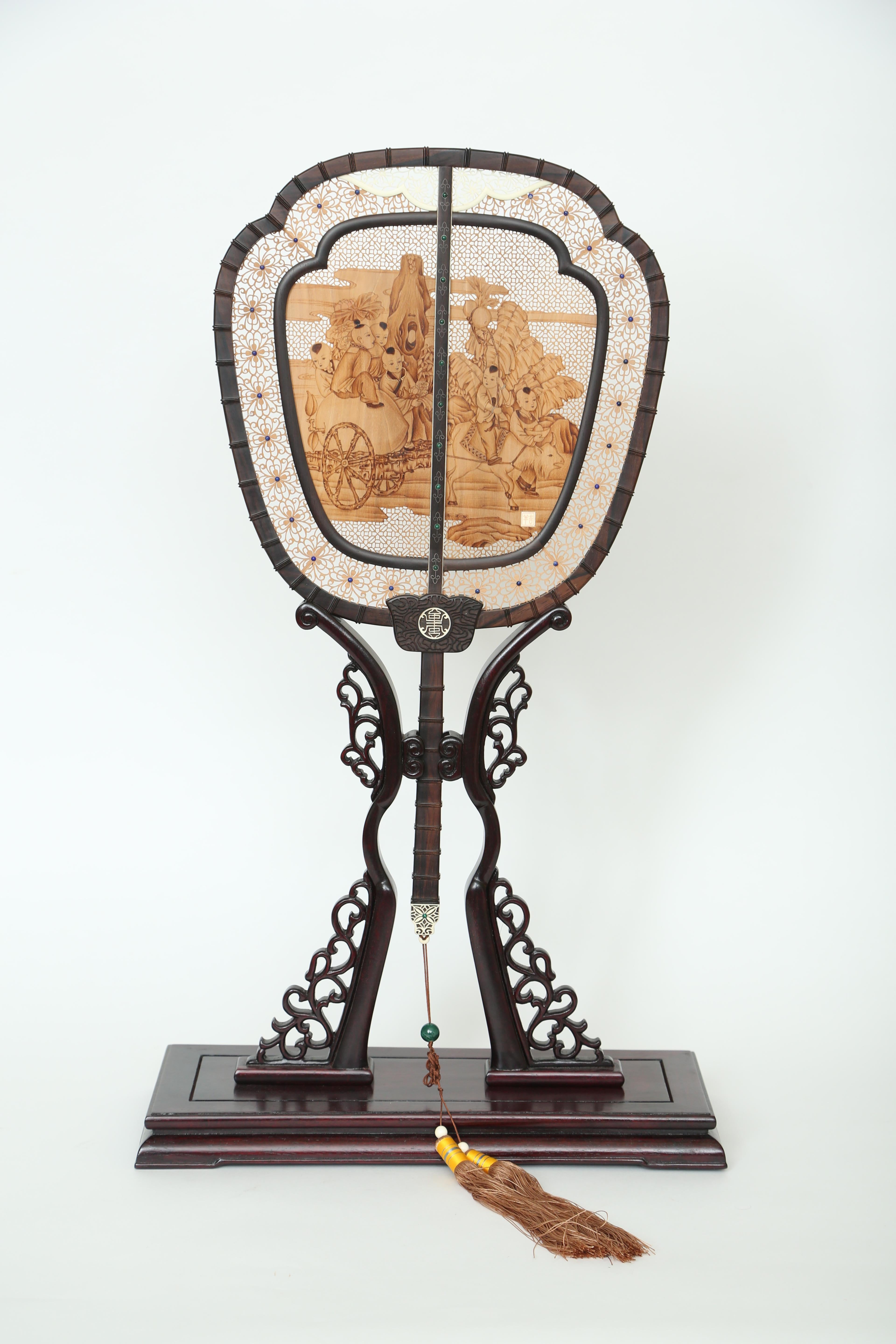 Carved Chinese Sandalwood Screen in Fan Shape on Stand