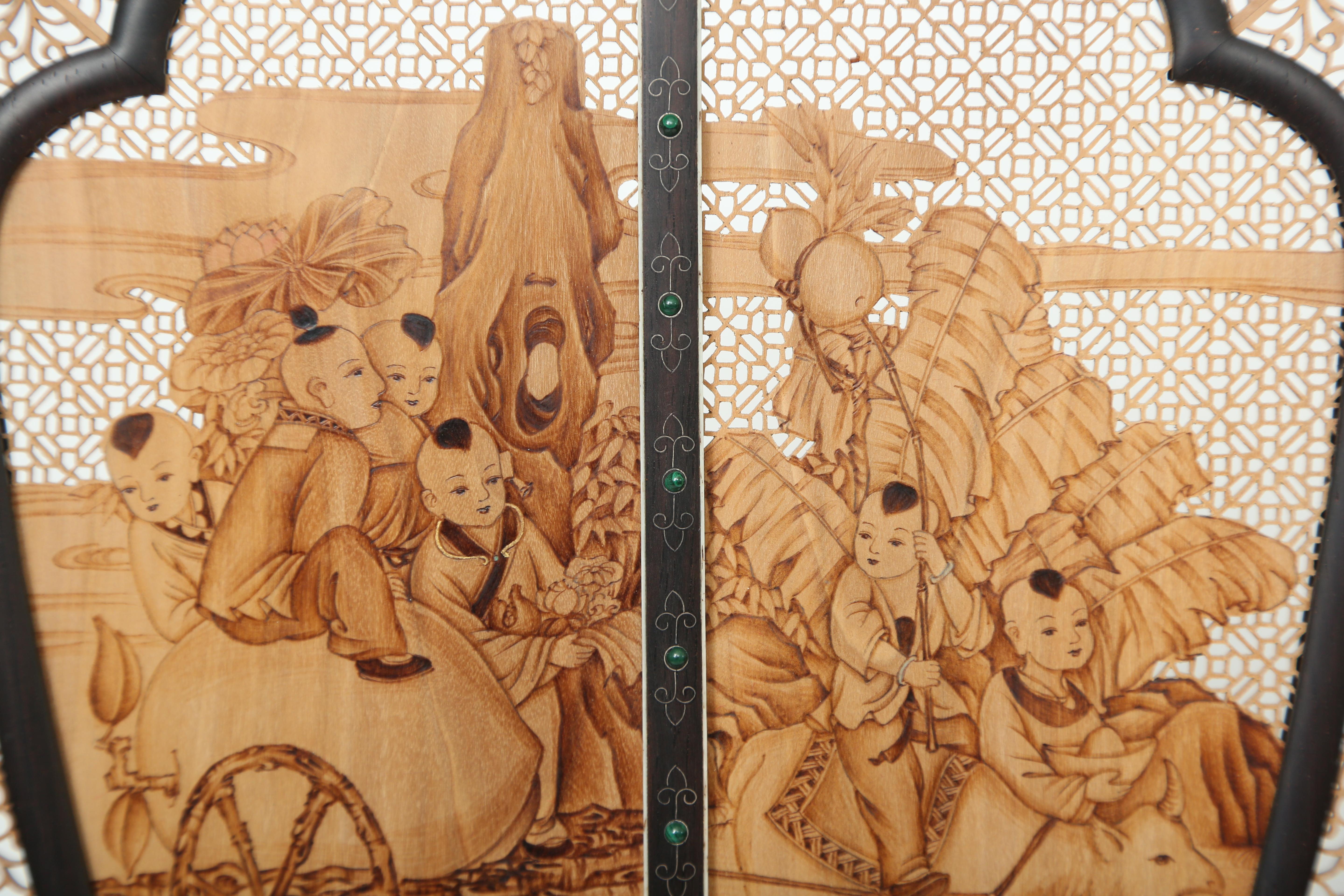 Chinese Sandalwood Screen in Fan Shape on Stand 1