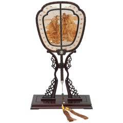 Chinese Sandalwood Screen in Fan Shape on Stand