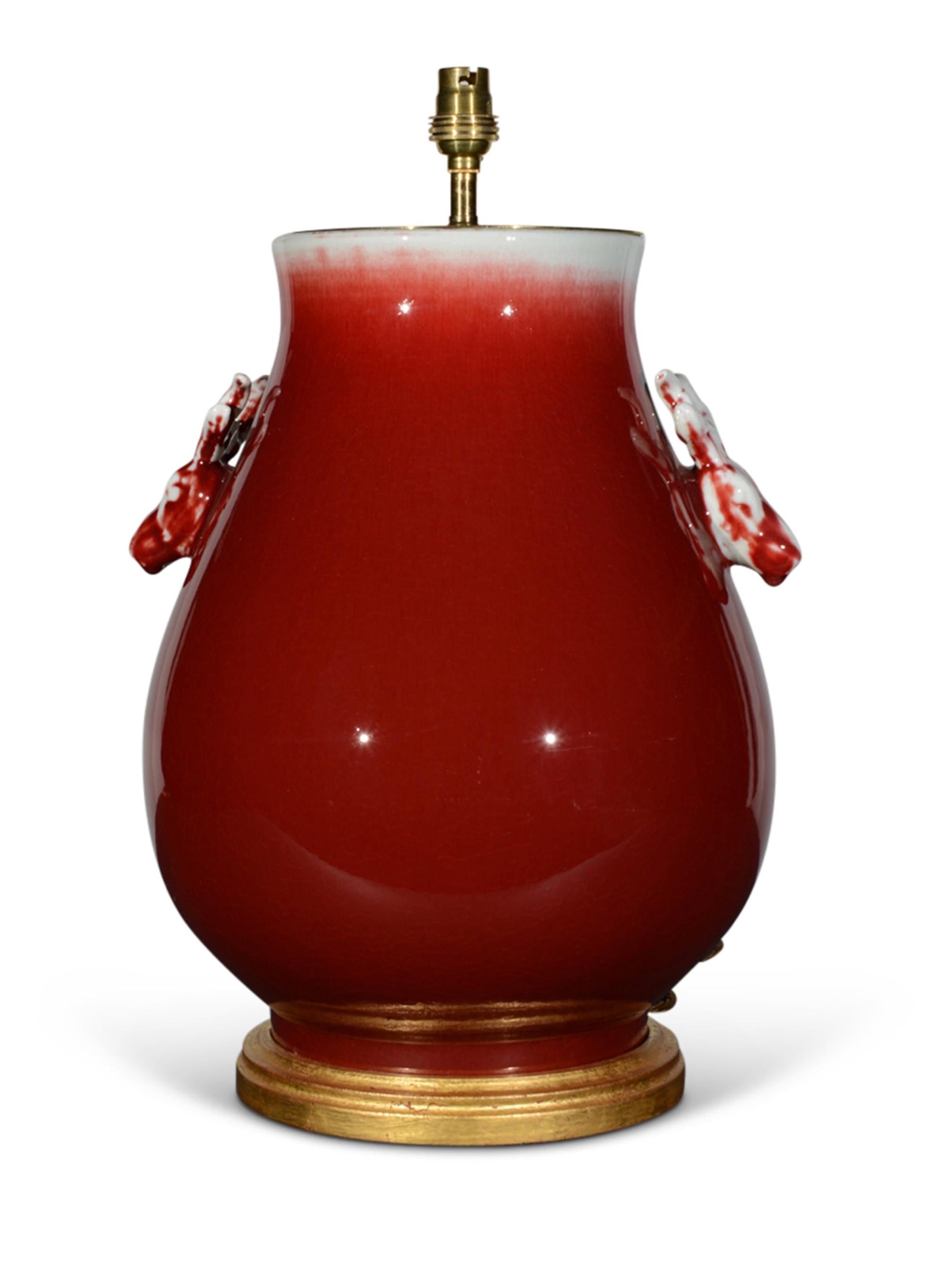 20th Century Chinese Sang De Boeuf Deer Head Porcelain Table Lamp, circa 1900 For Sale