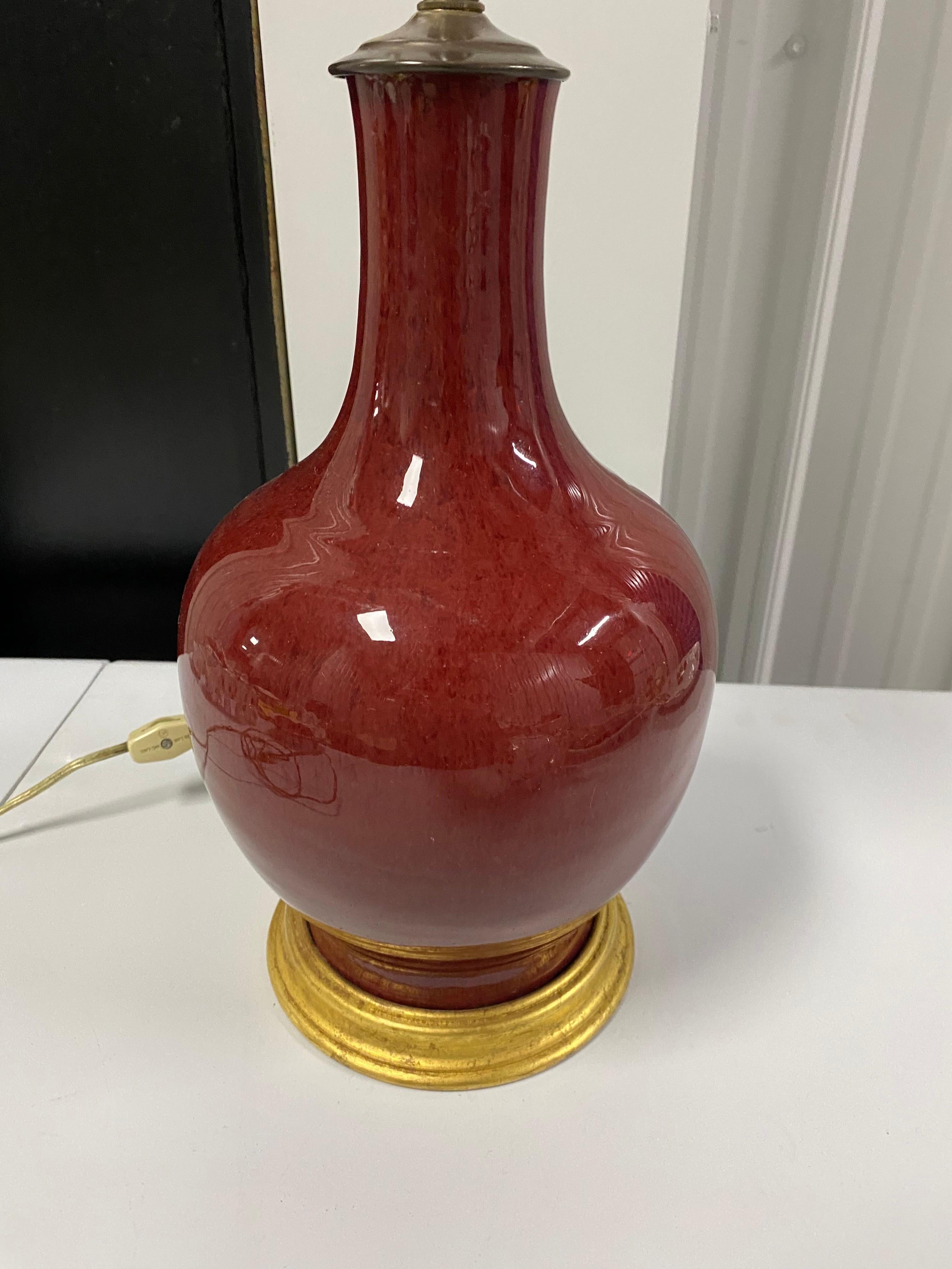 Chinese Sang-de-Boeuf Glazed Red Vase Made into Lamp, c. 19th century In Good Condition For Sale In Southampton, NY