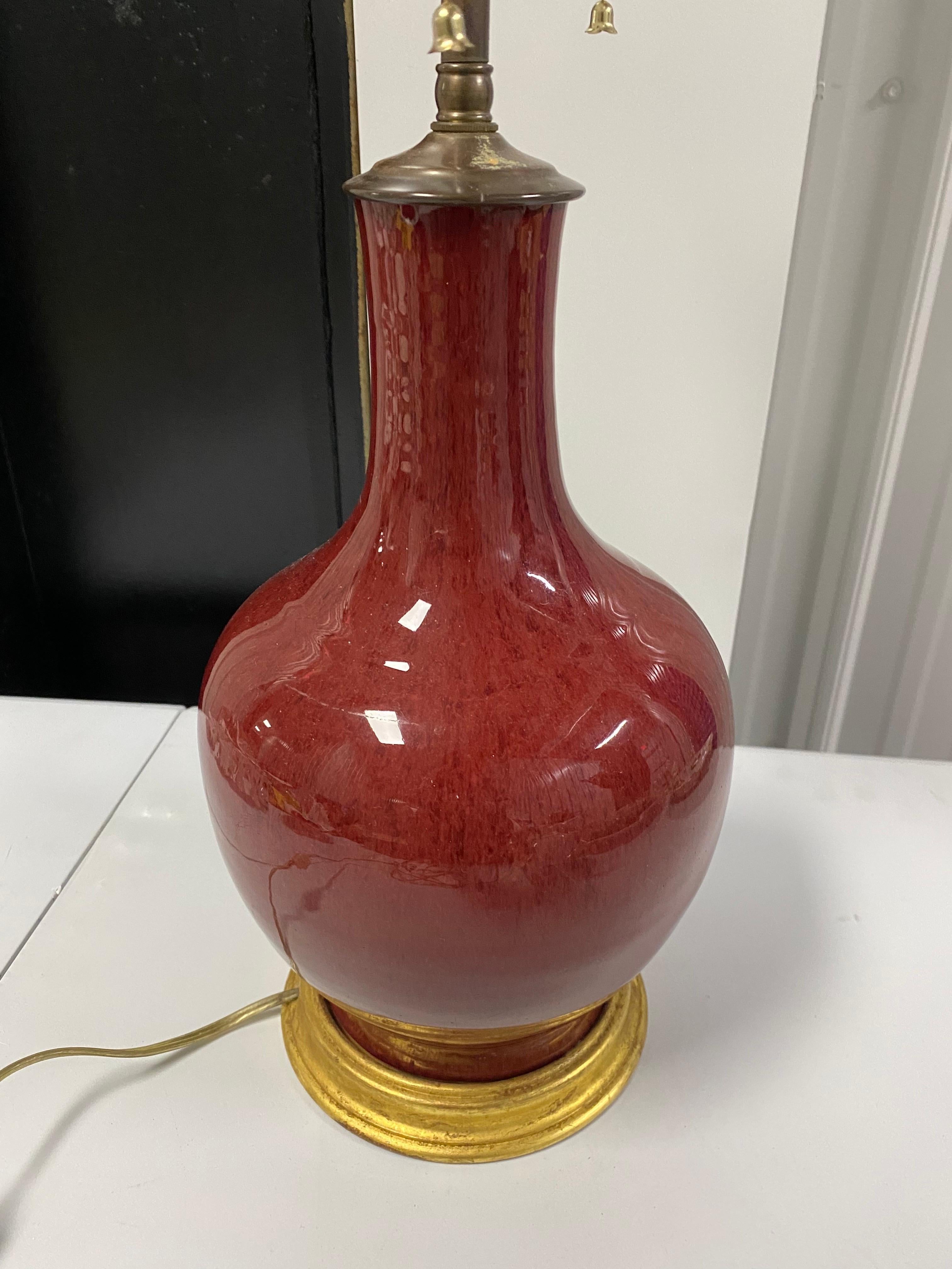 19th Century Chinese Sang-de-Boeuf Glazed Red Vase Made into Lamp, c. 19th century For Sale