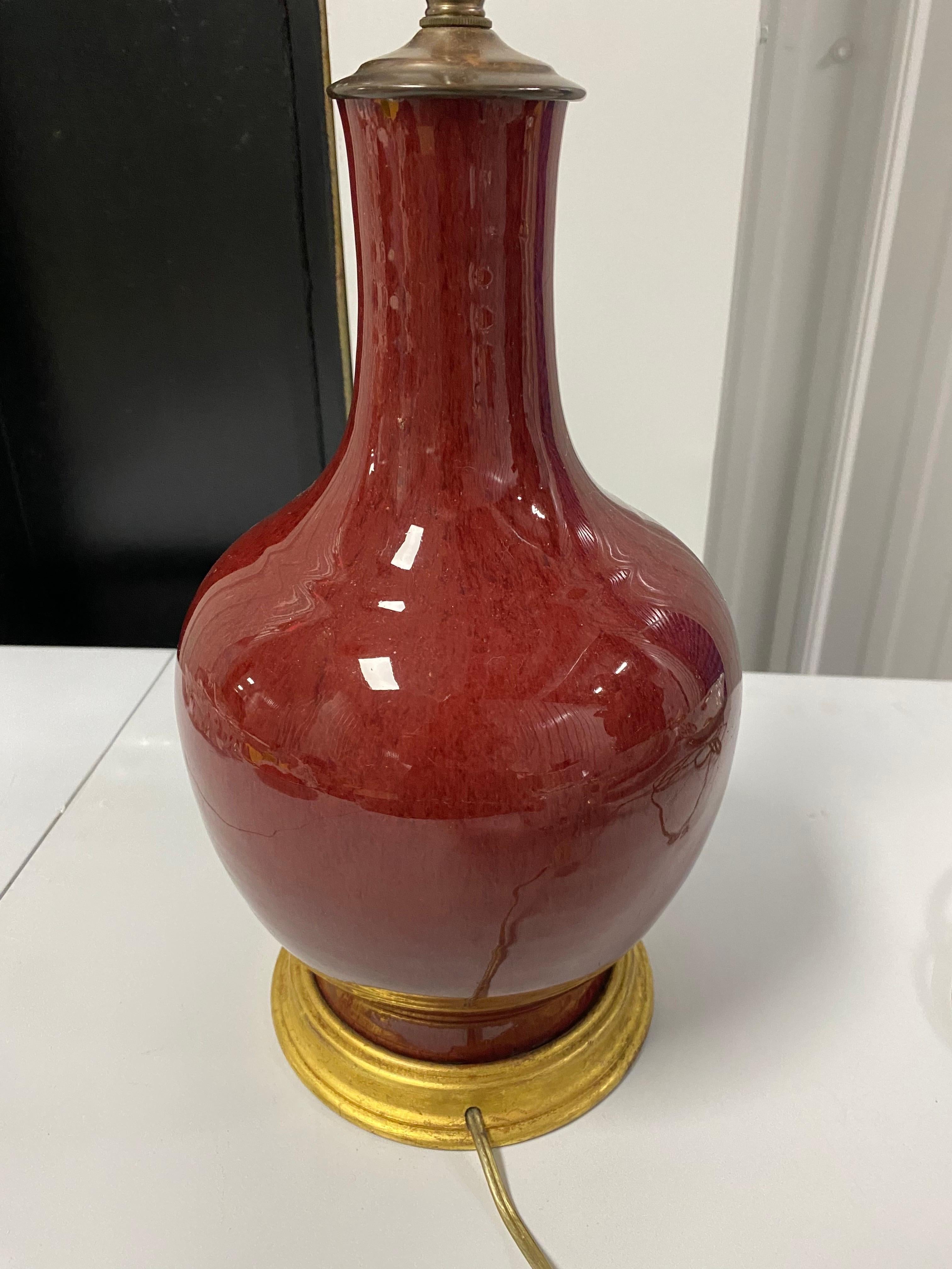 Ceramic Chinese Sang-de-Boeuf Glazed Red Vase Made into Lamp, c. 19th century For Sale