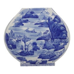 Chinese Scenic Blue & White Stoneware Pillow Vase 20thC
