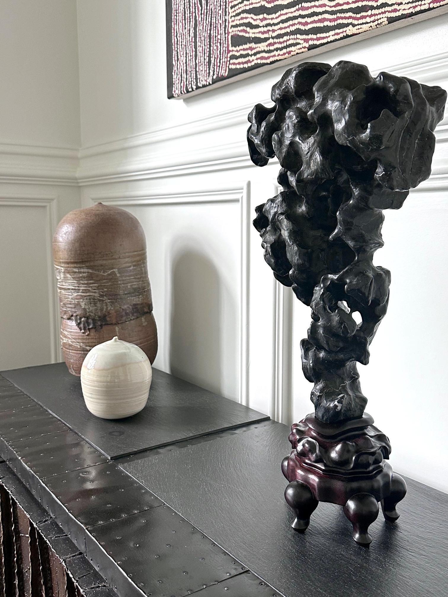 Rocher d'érudit chinois Pierre noire de Taihu sur Stand en vente 10