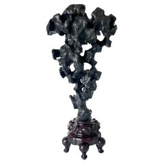 Chinese Scholar Rock Black Taihu Stone on Display Stand