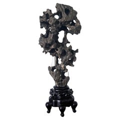 Chinese Scholar Stone Black Taihu Rock on Wood Stand