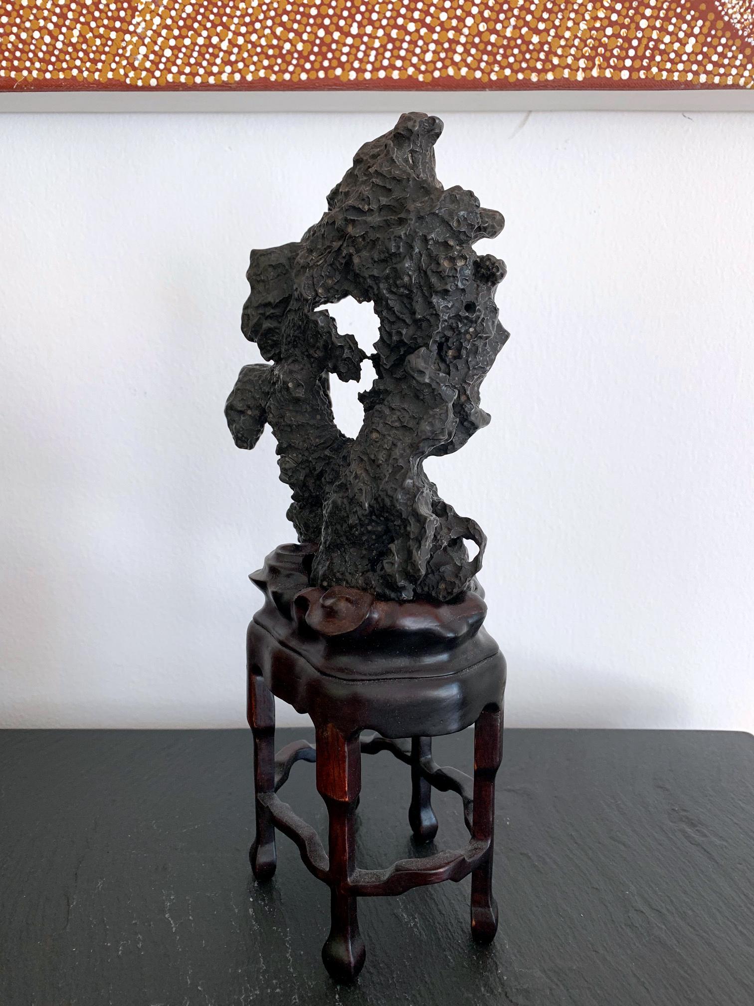 Chinese Scholar Rock in Metal Form on Display Stand In Good Condition In Atlanta, GA