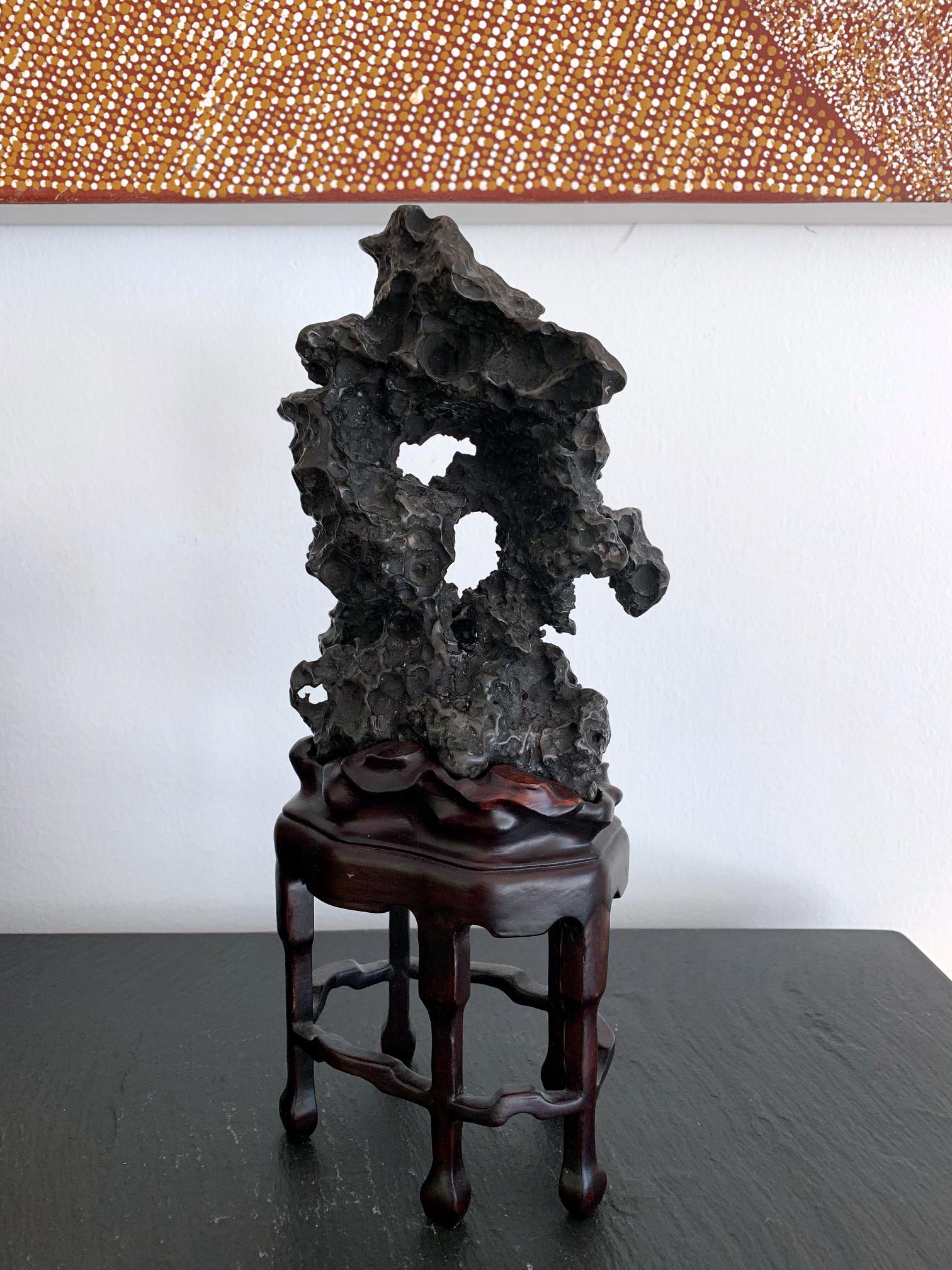 19th Century Chinese Scholar Rock in Metal Form on Display Stand