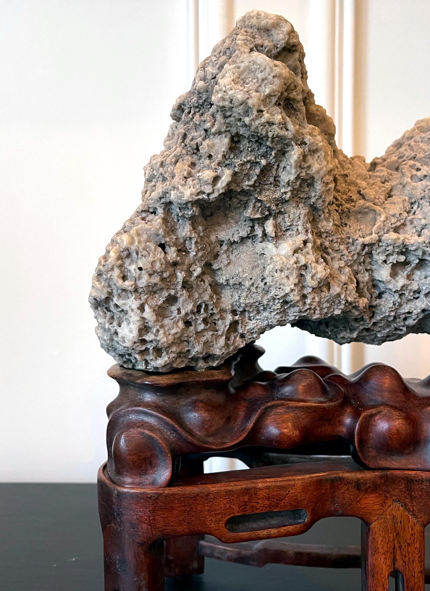 Chinese Scholar Rock Kun Stone on Display Stand For Sale 1