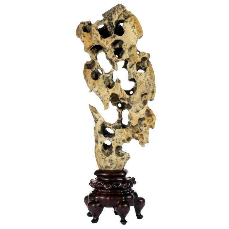 Chinese Scholar Rock Yellow Taihu Stone on Wood Stand at 1stDibs