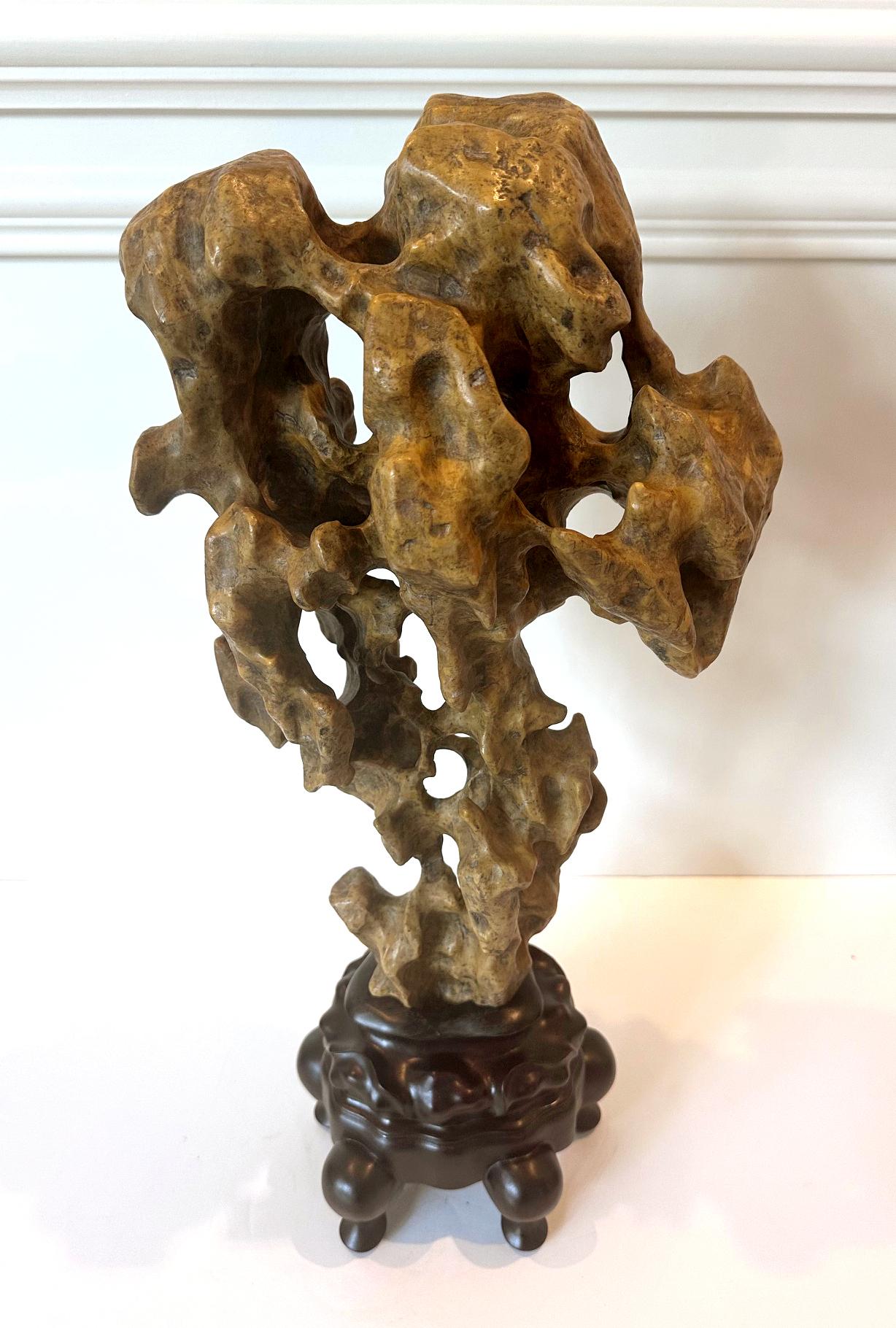 Chinese Scholar Rock Yellow Taihu Stone on Wood Stand For Sale 6