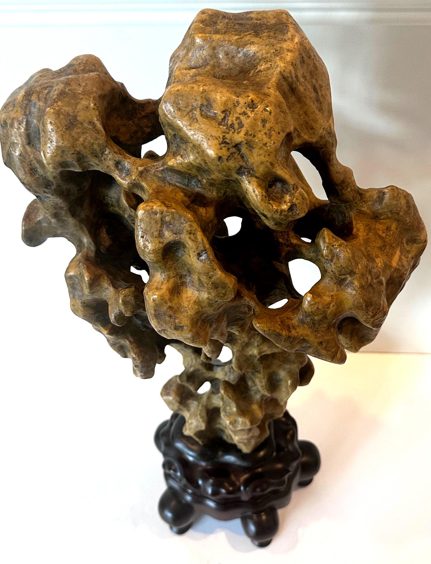 Chinese Scholar Rock Yellow Taihu Stone on Wood Stand For Sale 7