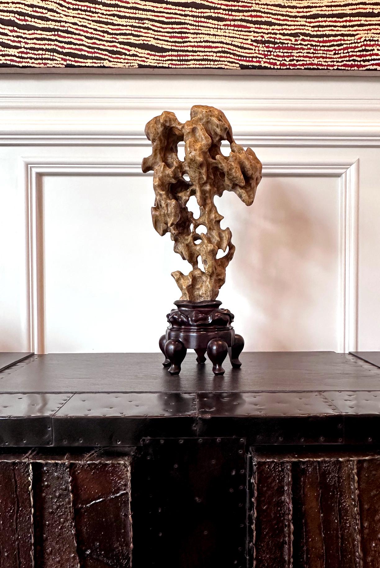 Chinese Scholar Rock Yellow Taihu Stone on Wood Stand For Sale 8