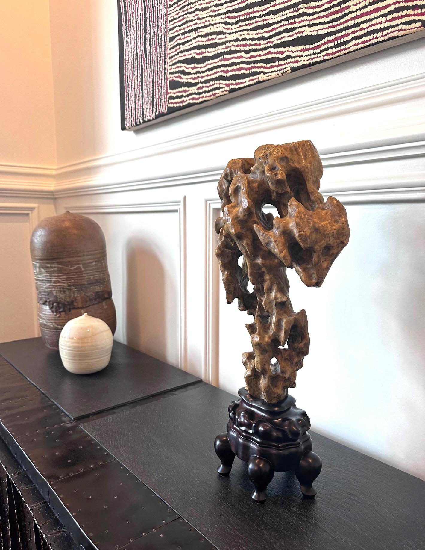 Chinese Scholar Rock Yellow Taihu Stone on Wood Stand For Sale 9