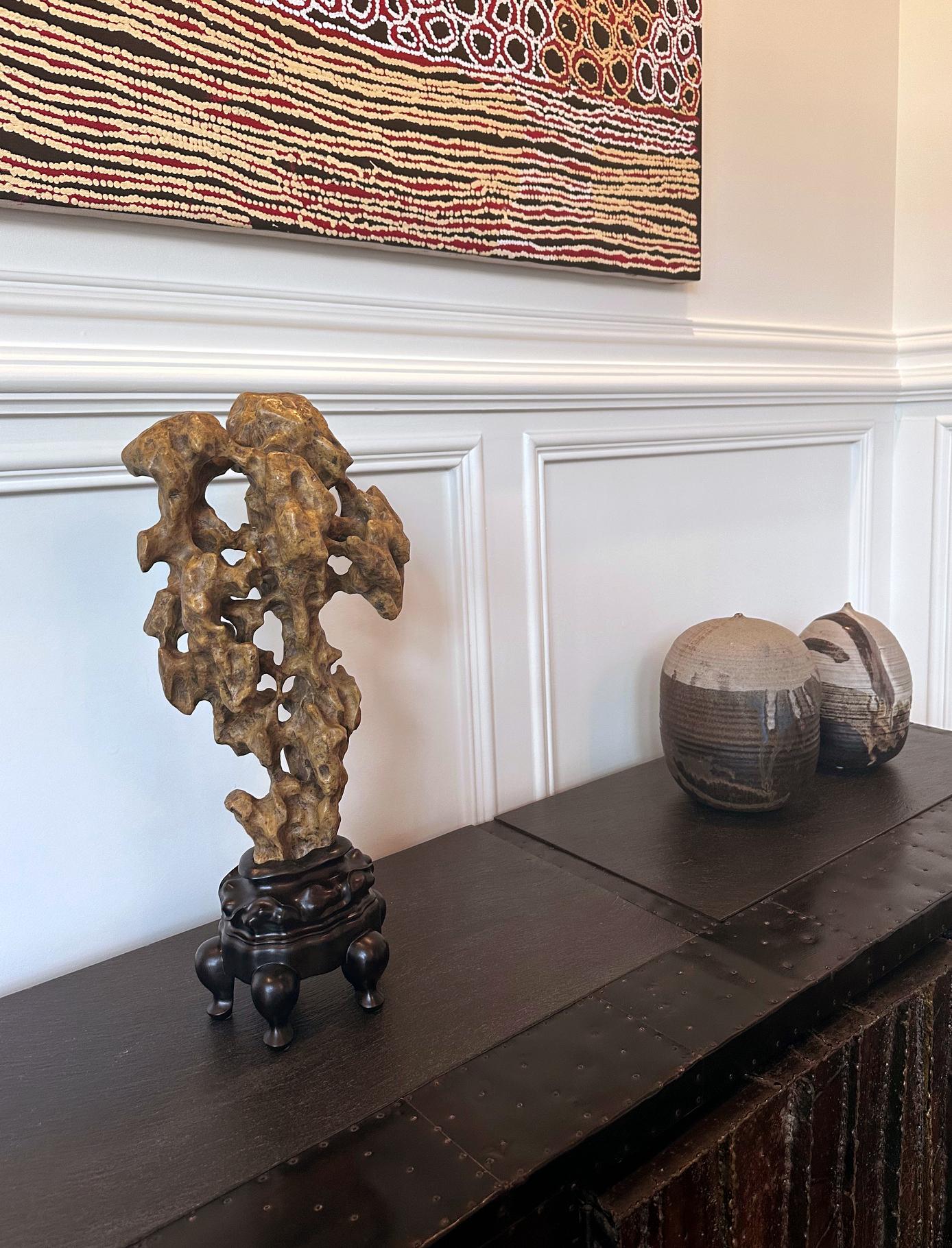 Chinese Scholar Rock Yellow Taihu Stone on Wood Stand For Sale 10