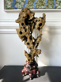 Chinese Scholar Rock Yellow Taihu Stone on Wood Stand