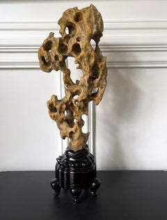 Chinese Scholar Rock Yellow Taihu Stone on Wood Stand