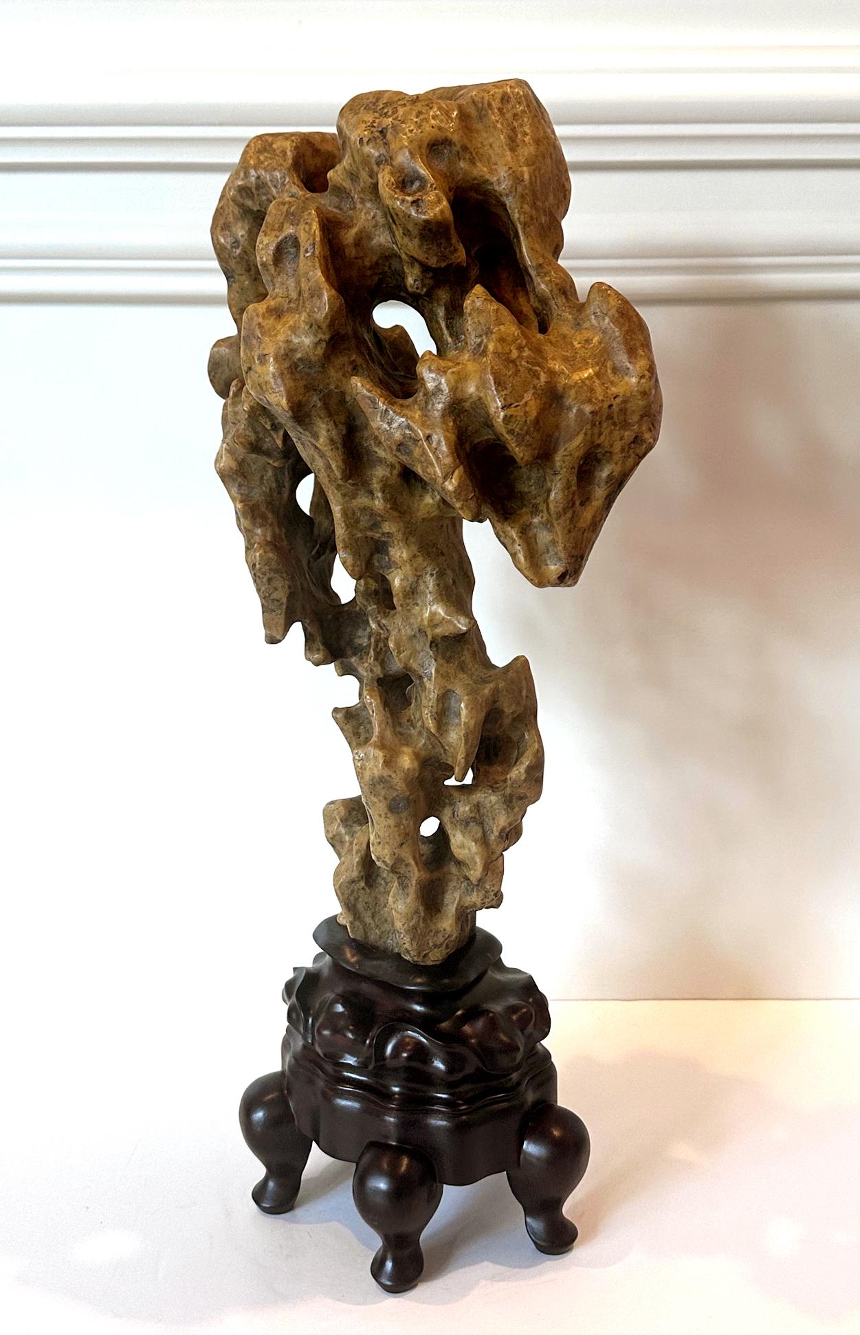 Chinese Export Chinese Scholar Rock Yellow Taihu Stone on Wood Stand For Sale
