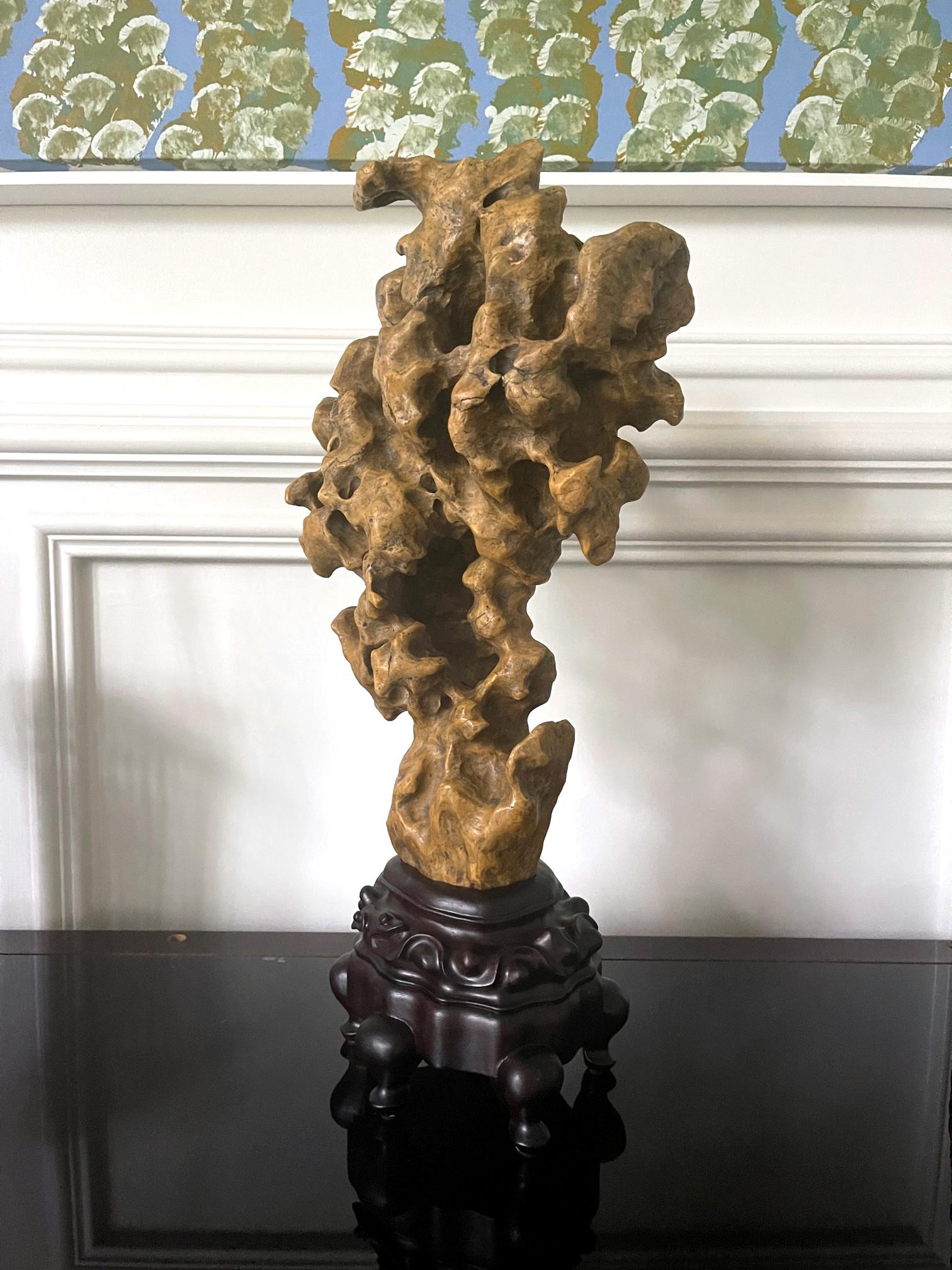 Chinese Export Chinese Scholar Rock Yellow Taihu Stone on Wood Stand For Sale