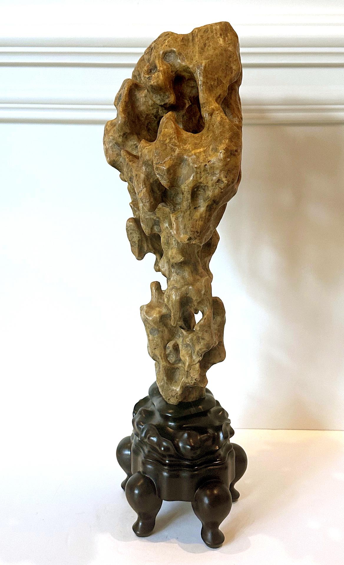 Carved Chinese Scholar Rock Yellow Taihu Stone on Wood Stand For Sale