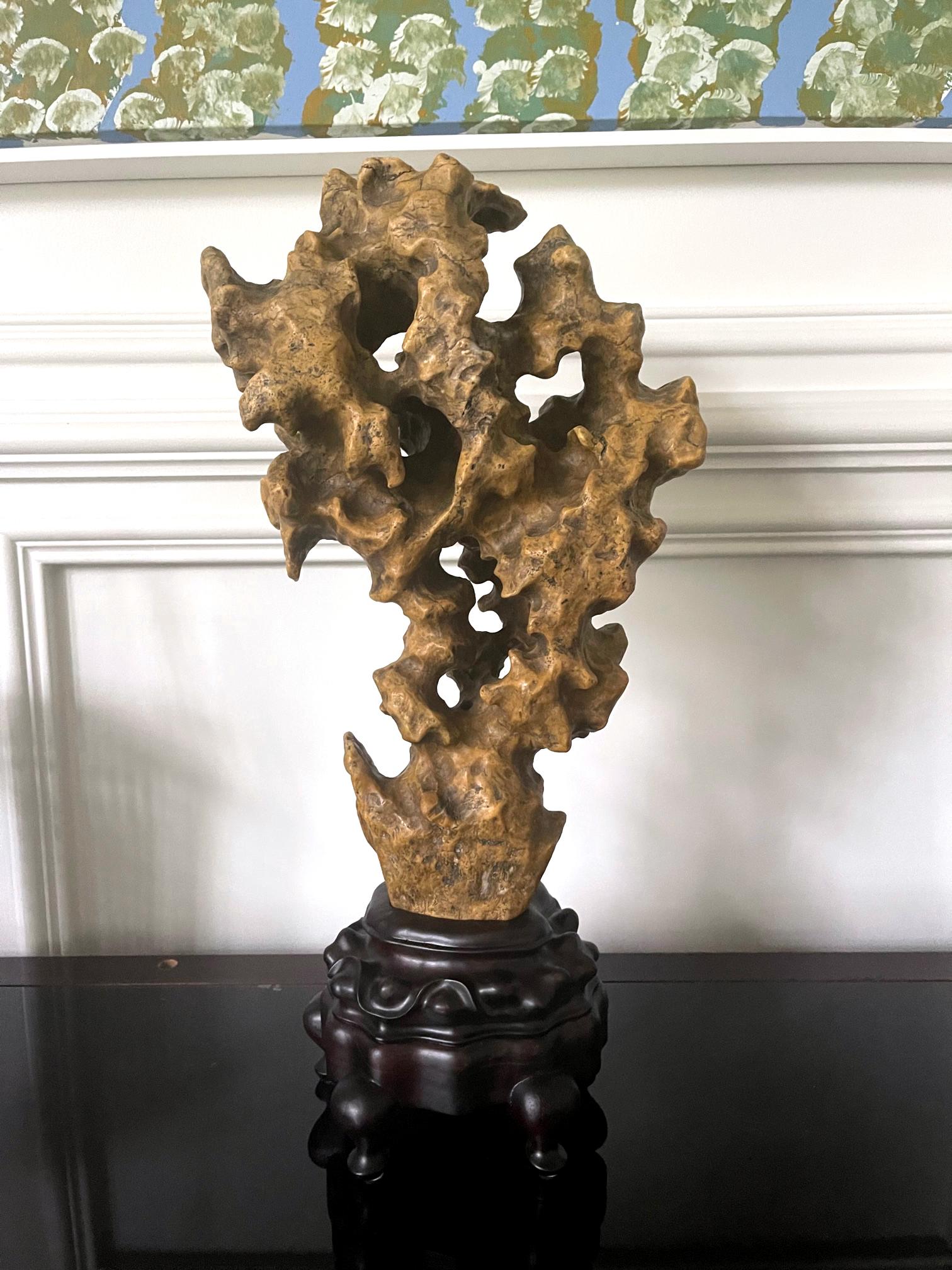 Carved Chinese Scholar Rock Yellow Taihu Stone on Wood Stand For Sale