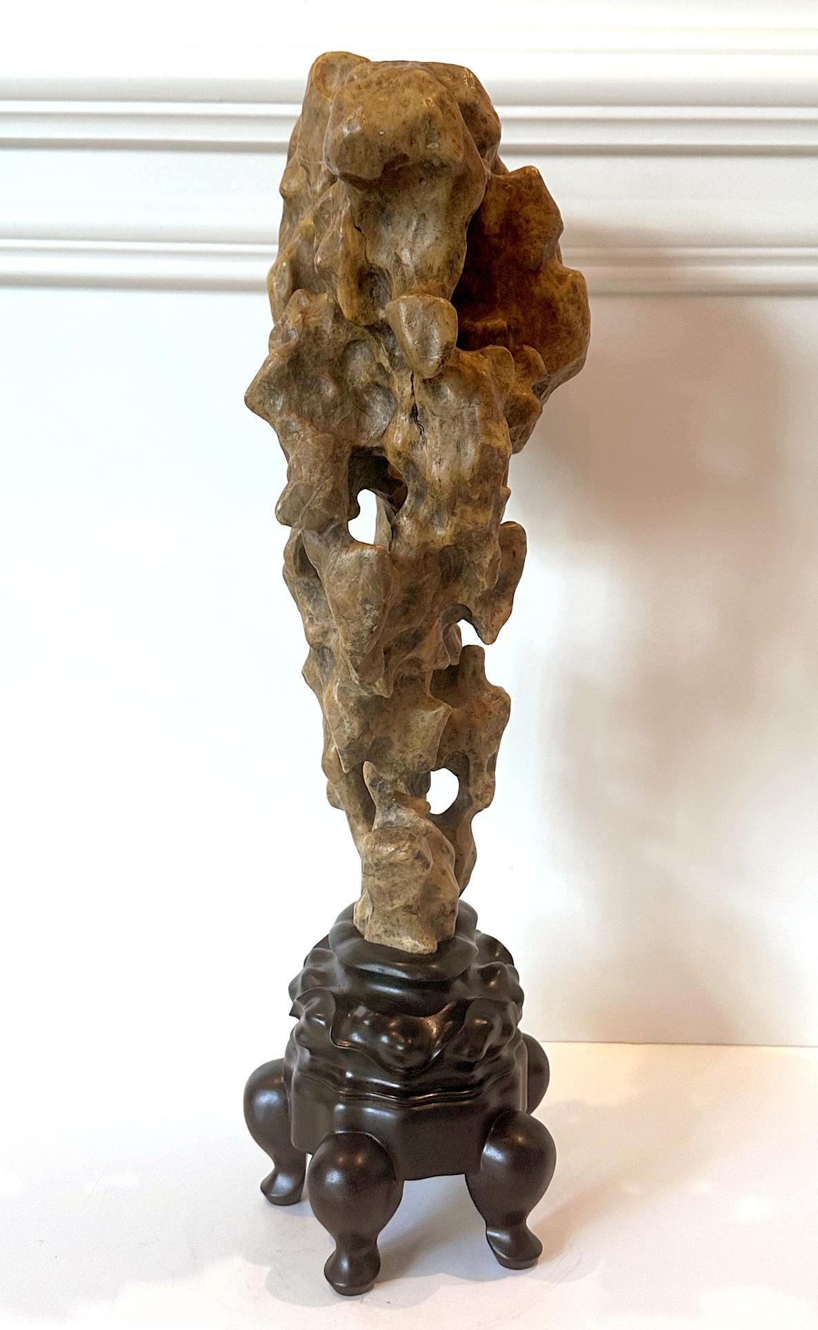 Chinese Scholar Rock Yellow Taihu Stone on Wood Stand In Good Condition For Sale In Atlanta, GA