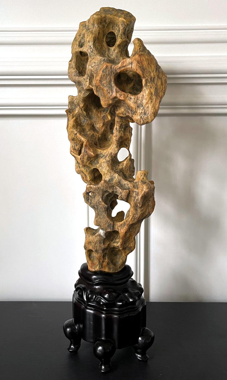 Chinese Scholar Rock Yellow Taihu Stone on Wood Stand For Sale at 1stDibs