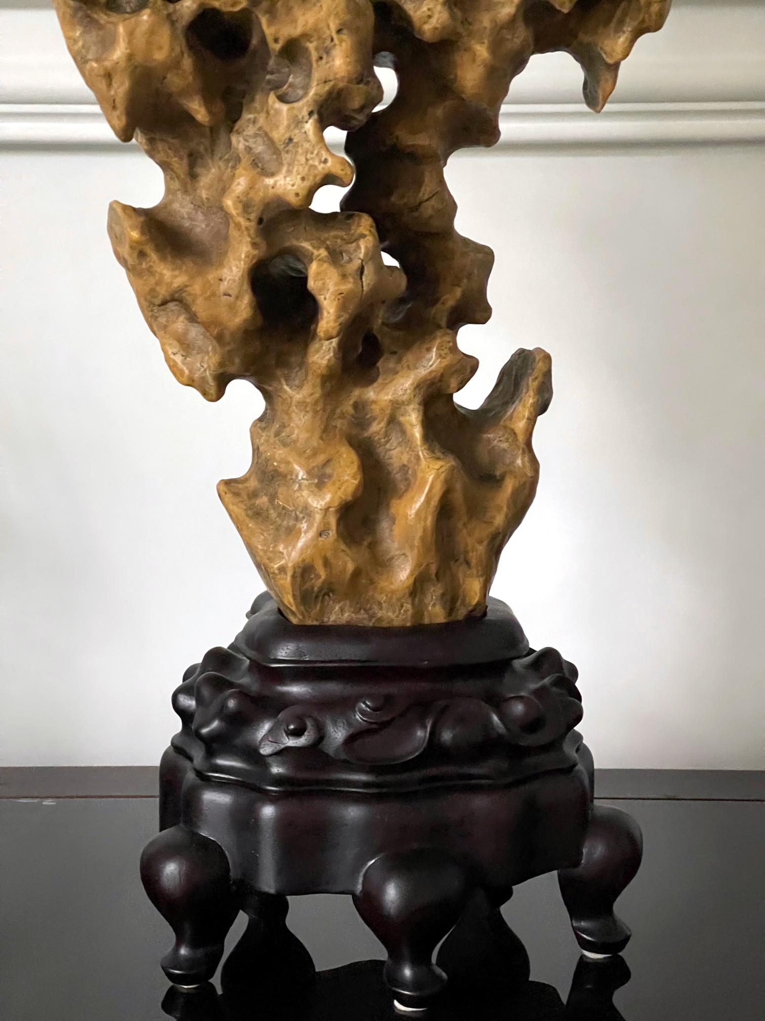 Chinese Scholar Rock Yellow Taihu Stone on Wood Stand For Sale 1