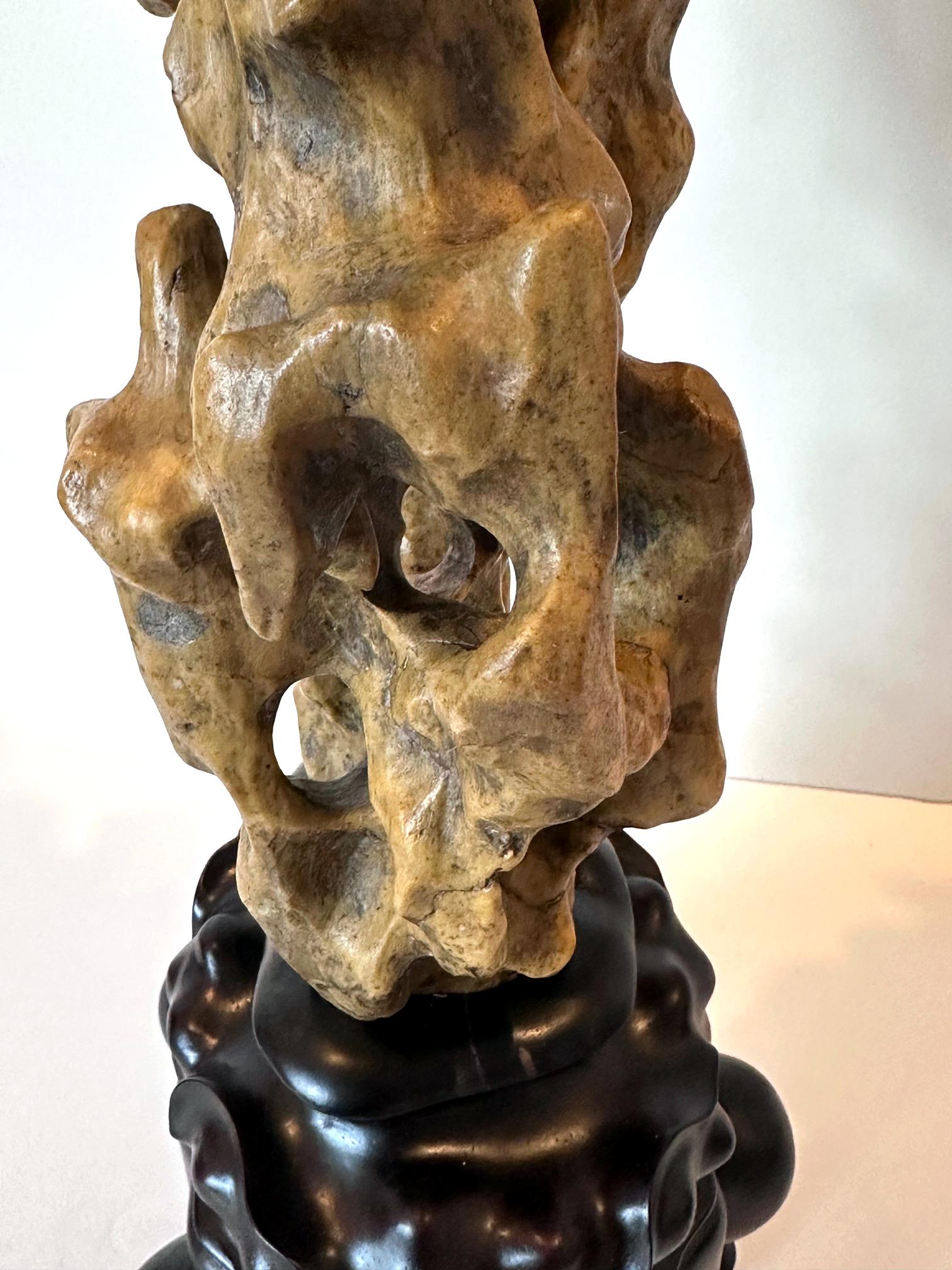Chinese Scholar Rock Yellow Taihu Stone on Wood Stand For Sale 2