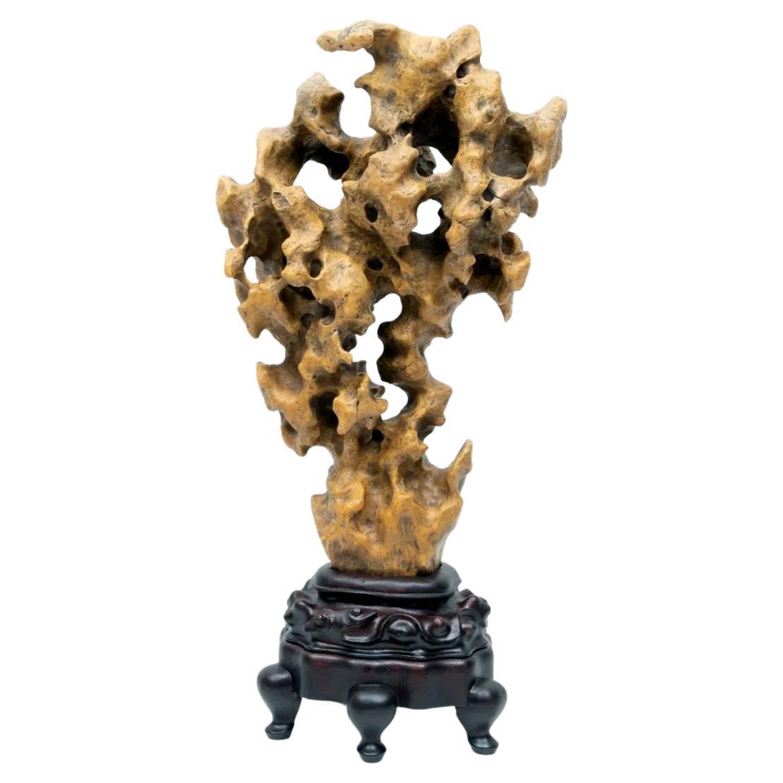 Chinese Scholar Rock Yellow Taihu Stone on Wood Stand For Sale
