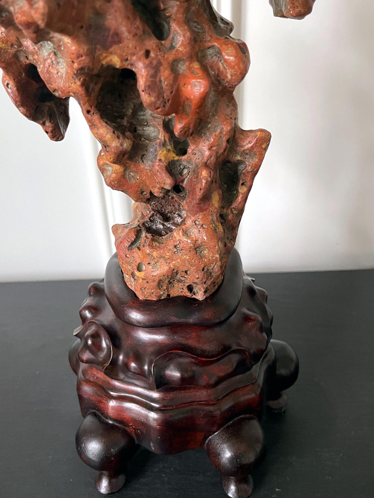 Chinese Scholar Stone Rare Red Taihu Rock on Display Stand For Sale 6