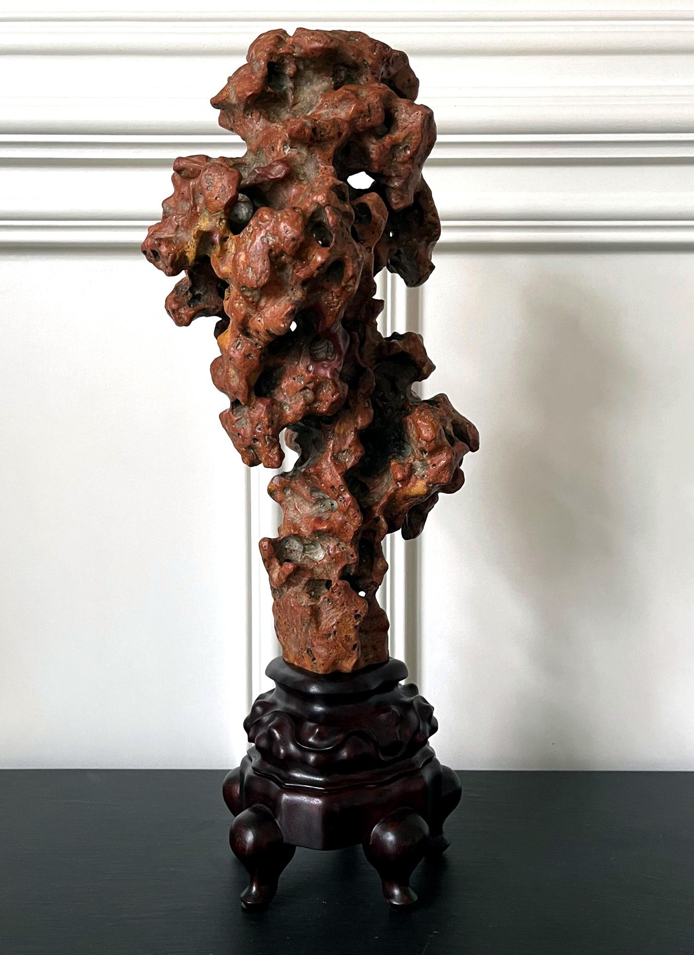 Chinese Scholar Stone Rare Red Taihu Rock on Display Stand In Good Condition In Atlanta, GA