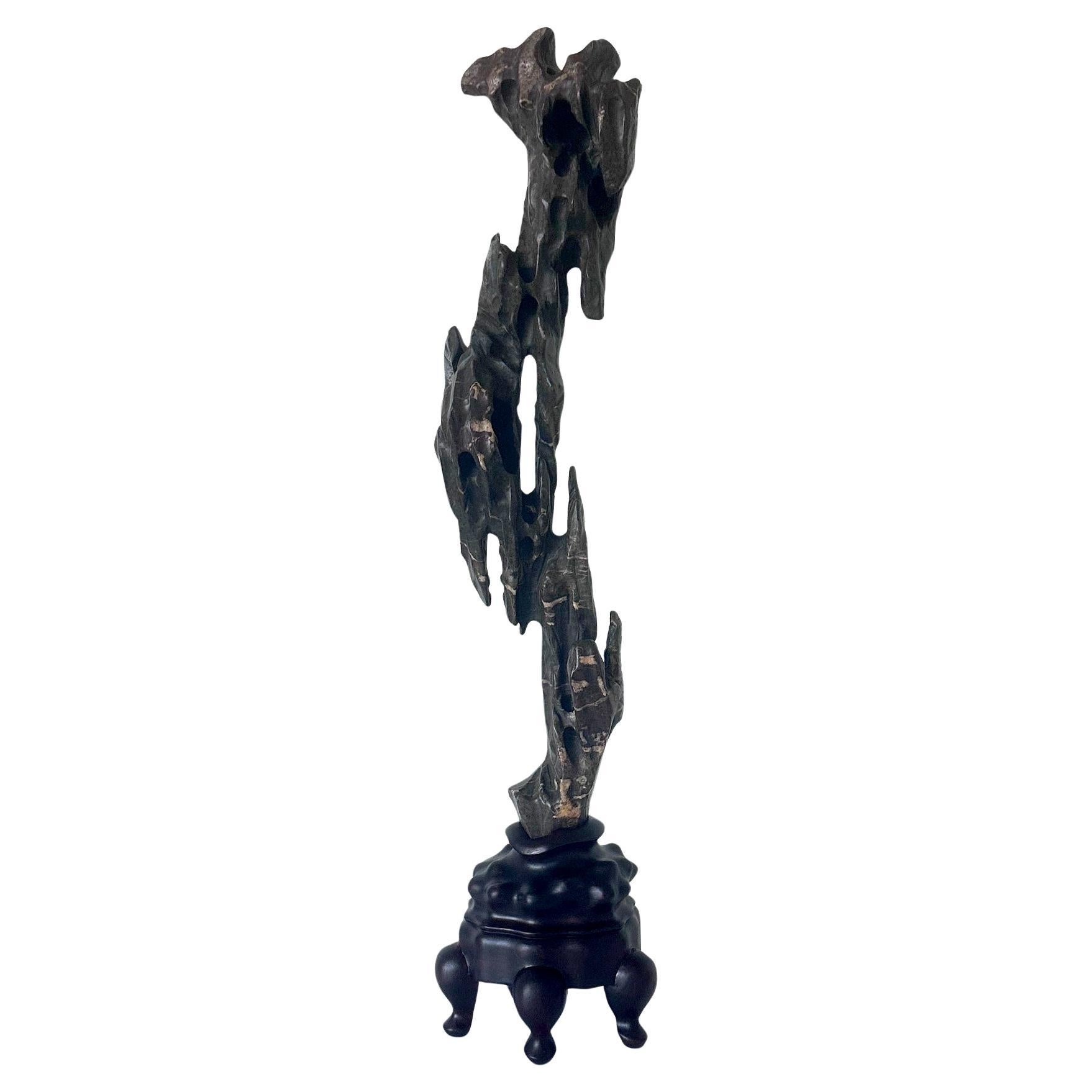 Chinese Scholar Stone Tall Slender Lingbi Rock on Display Stand