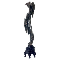Chinese Scholar Stone Tall Slender Lingbi Rock on Display Stand