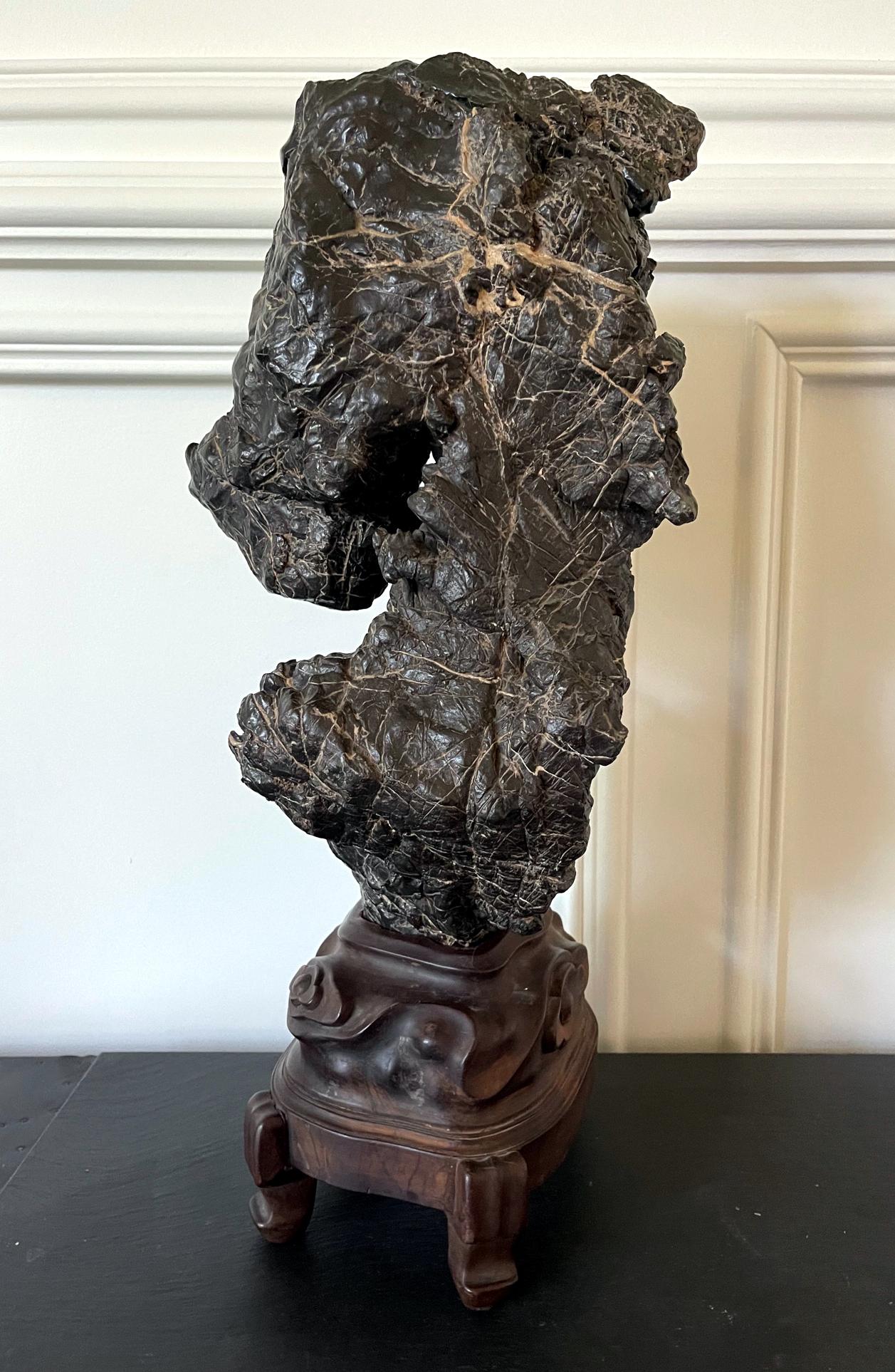Chinese Scholar Rock Wen Stone on Display Stand For Sale 4