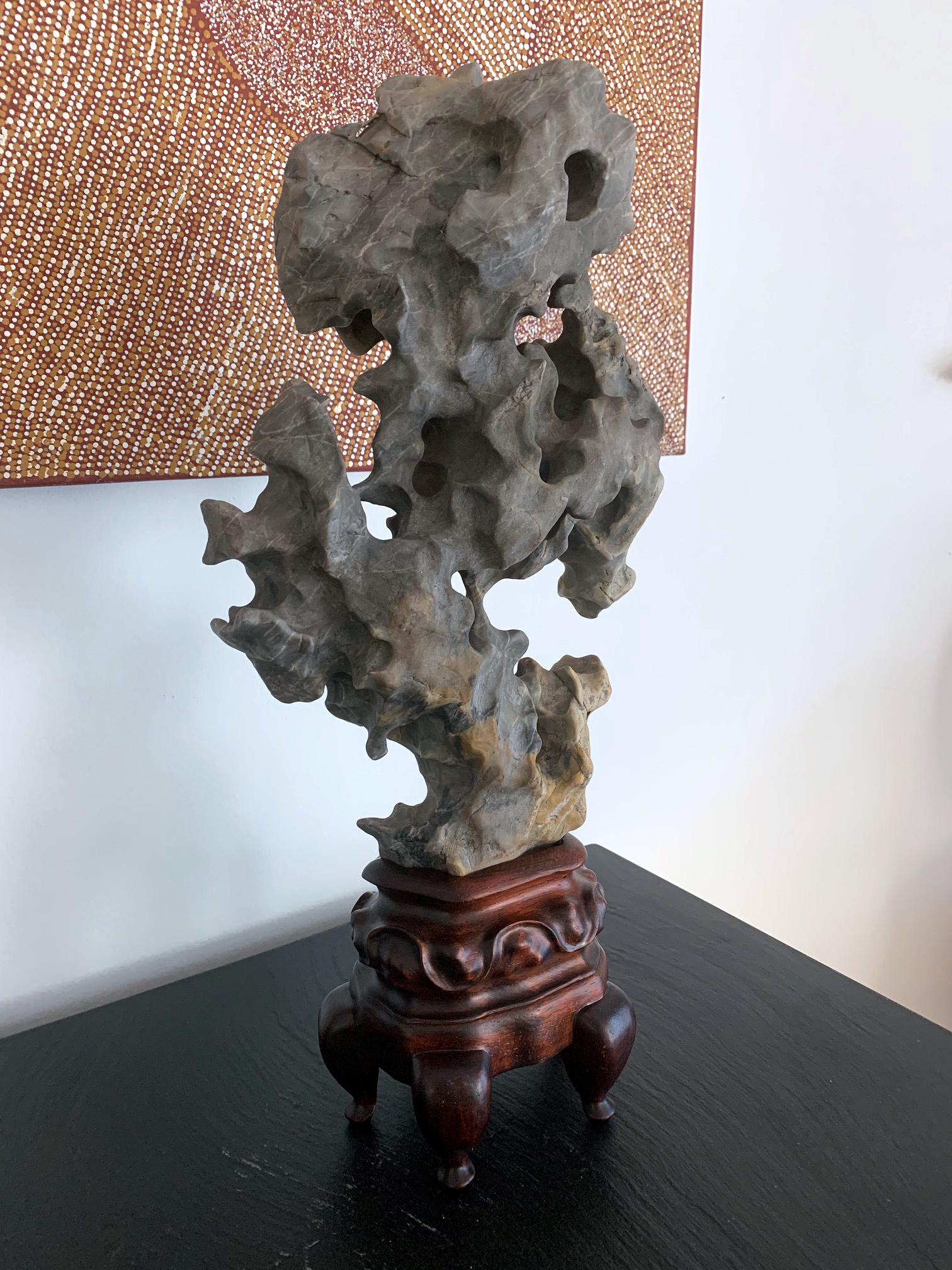 An elegant Taihu scholar rock balanced on a custom wood stand, in a mushroom cloud form and full of grottoes. The weather-smoothed surface is of a whitish grey color and is interspersed with white veins and yellow calcification, in a most artistic