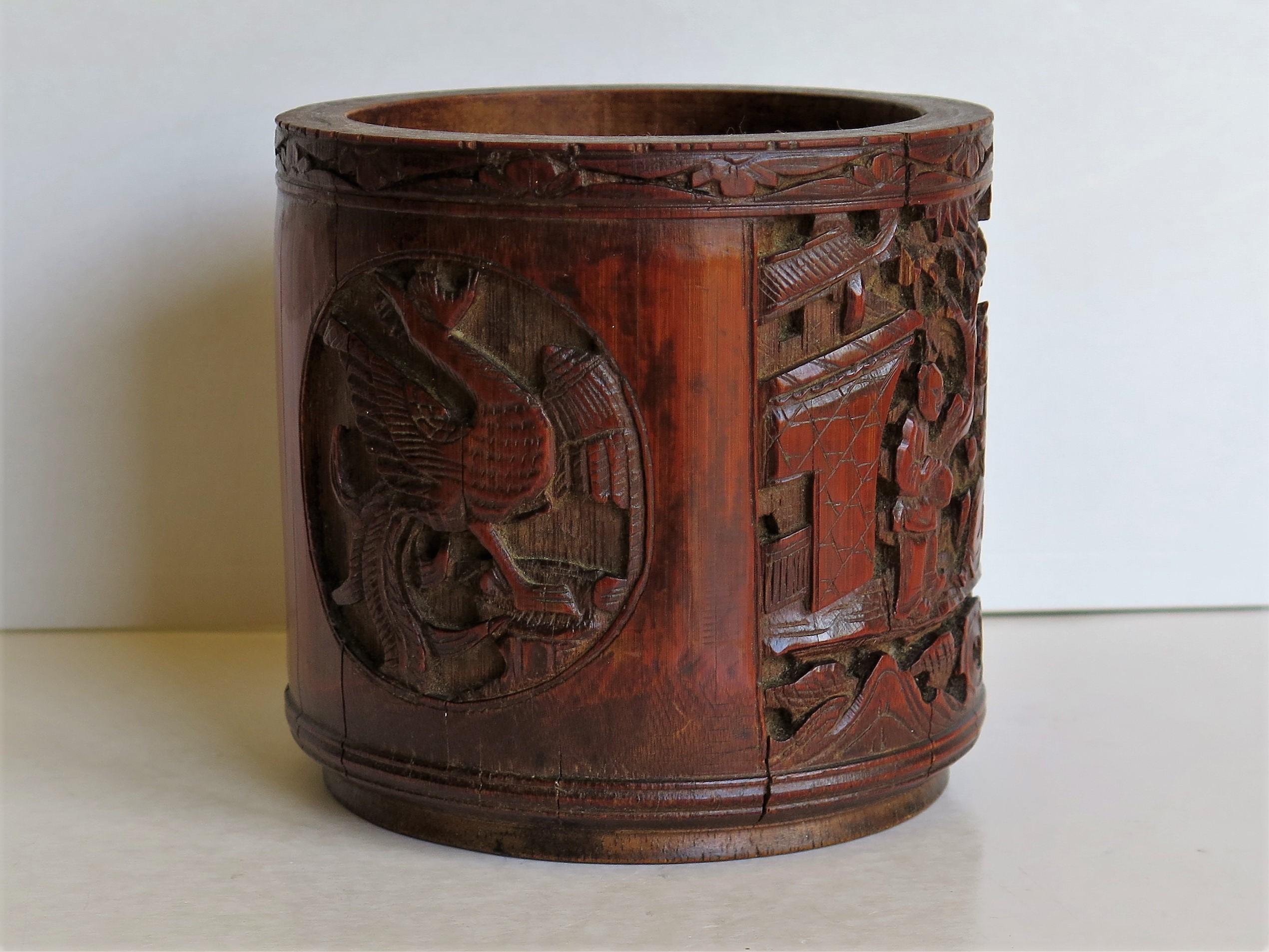 Wood Chinese Brush Pot or Bitong in Bamboo Finely Carved & Signed, Early 19thC. Qing