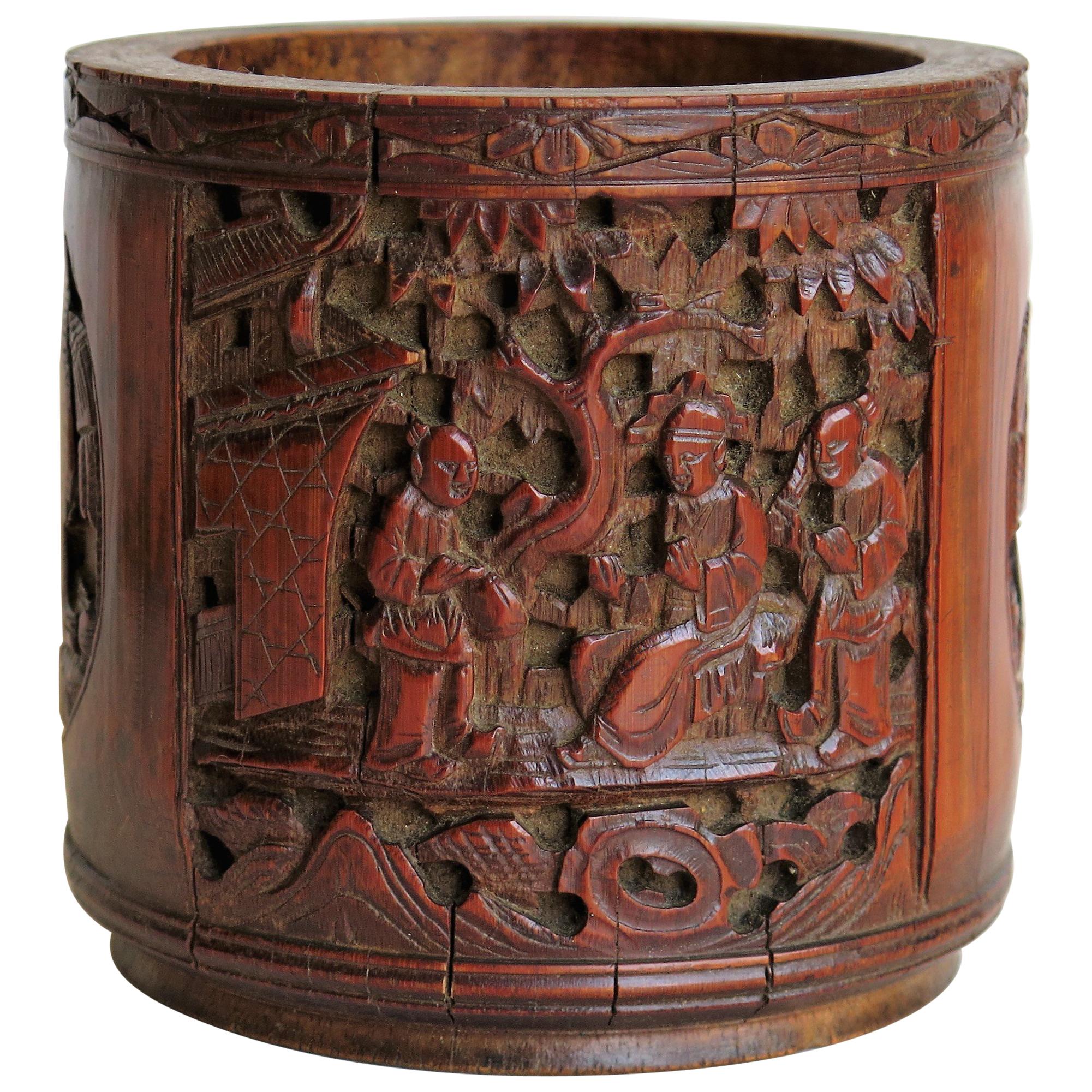 Chinese Bamboo Hand Carved Eagle Brush Pot 