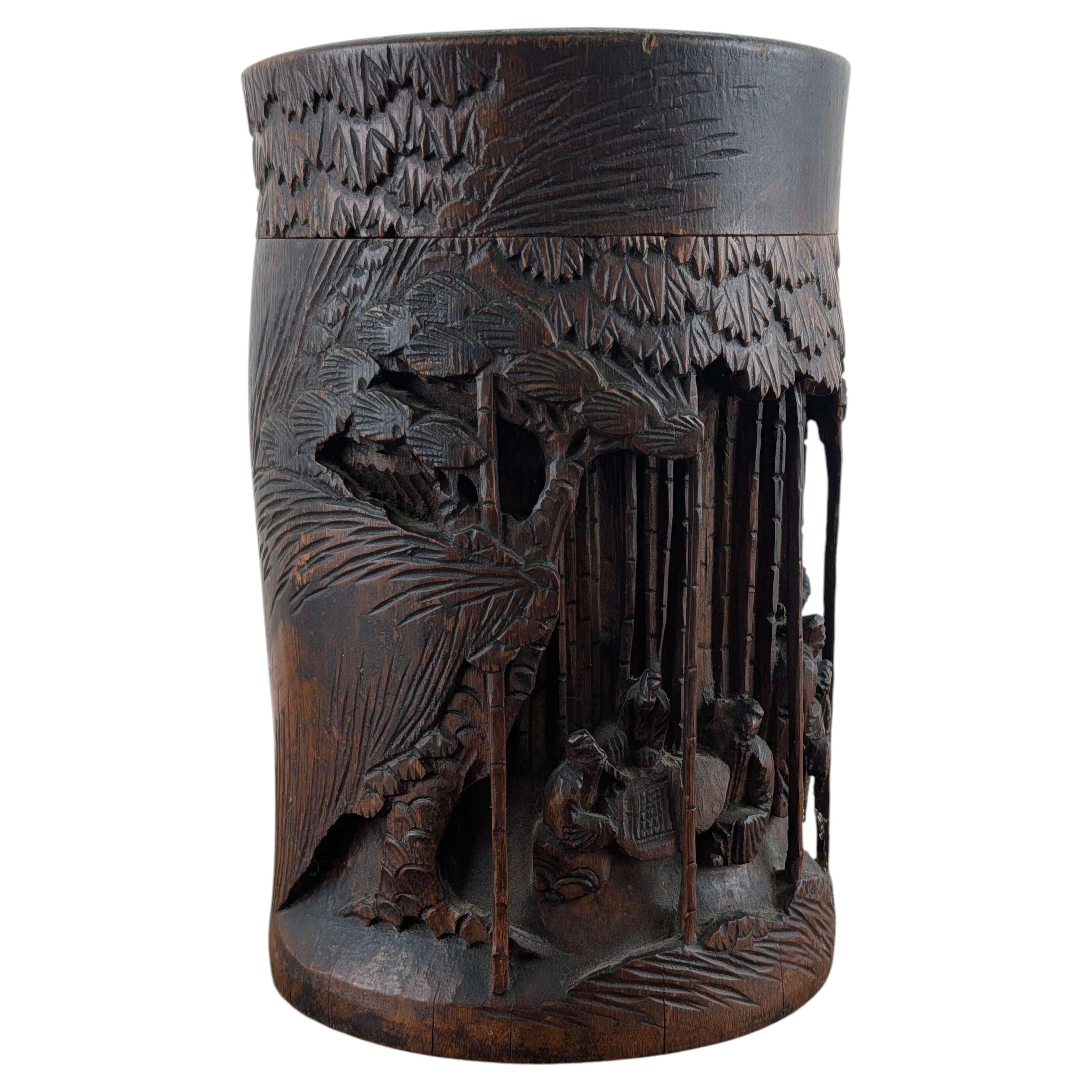 Chinese Scholar's Bamboo Tea Caddy with Literati Figures, Late Qing Dynasty