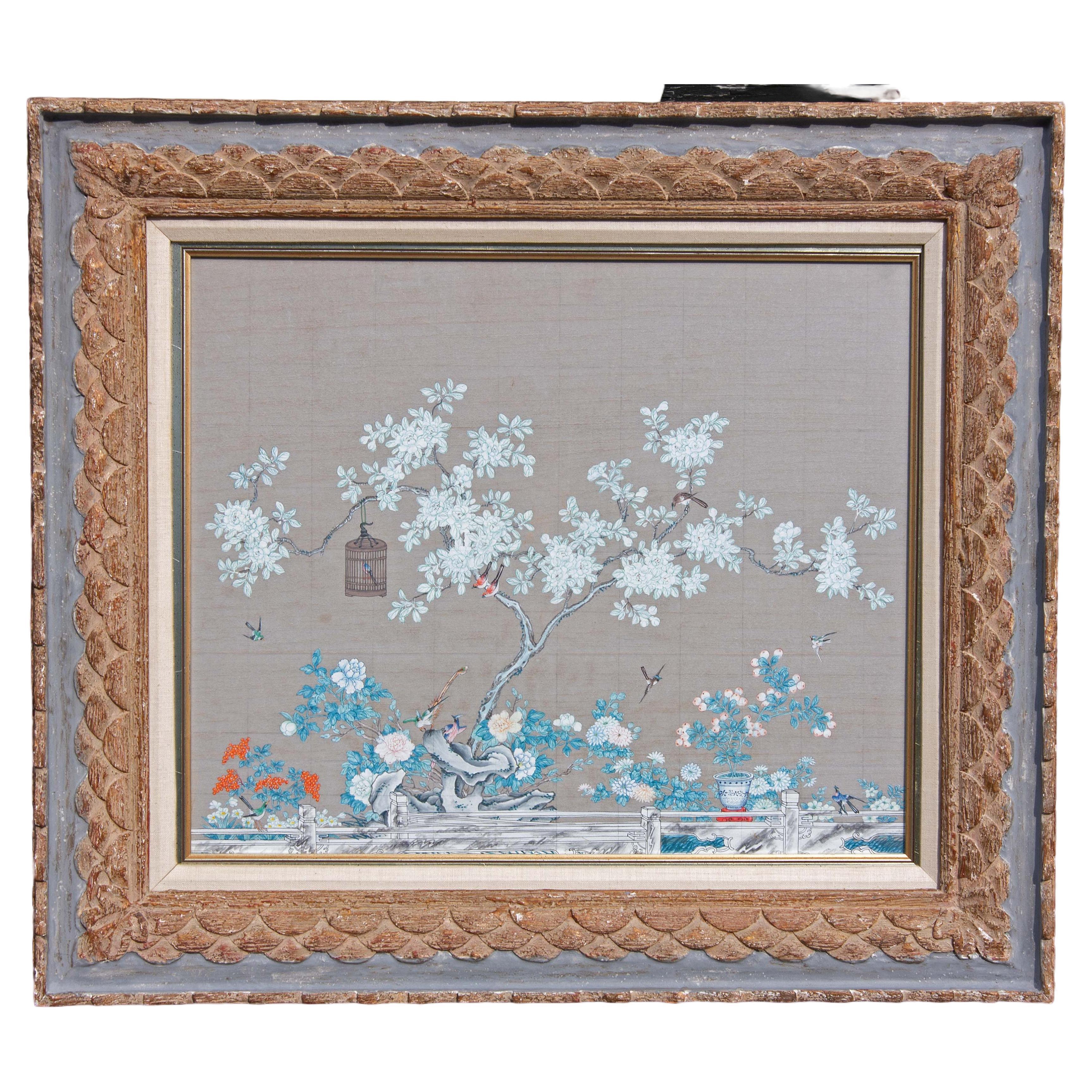 Chinesische Schule  Gouache-Malerei  in geschnitztem und bemaltem Rahmen, ca. 1940er Jahre
