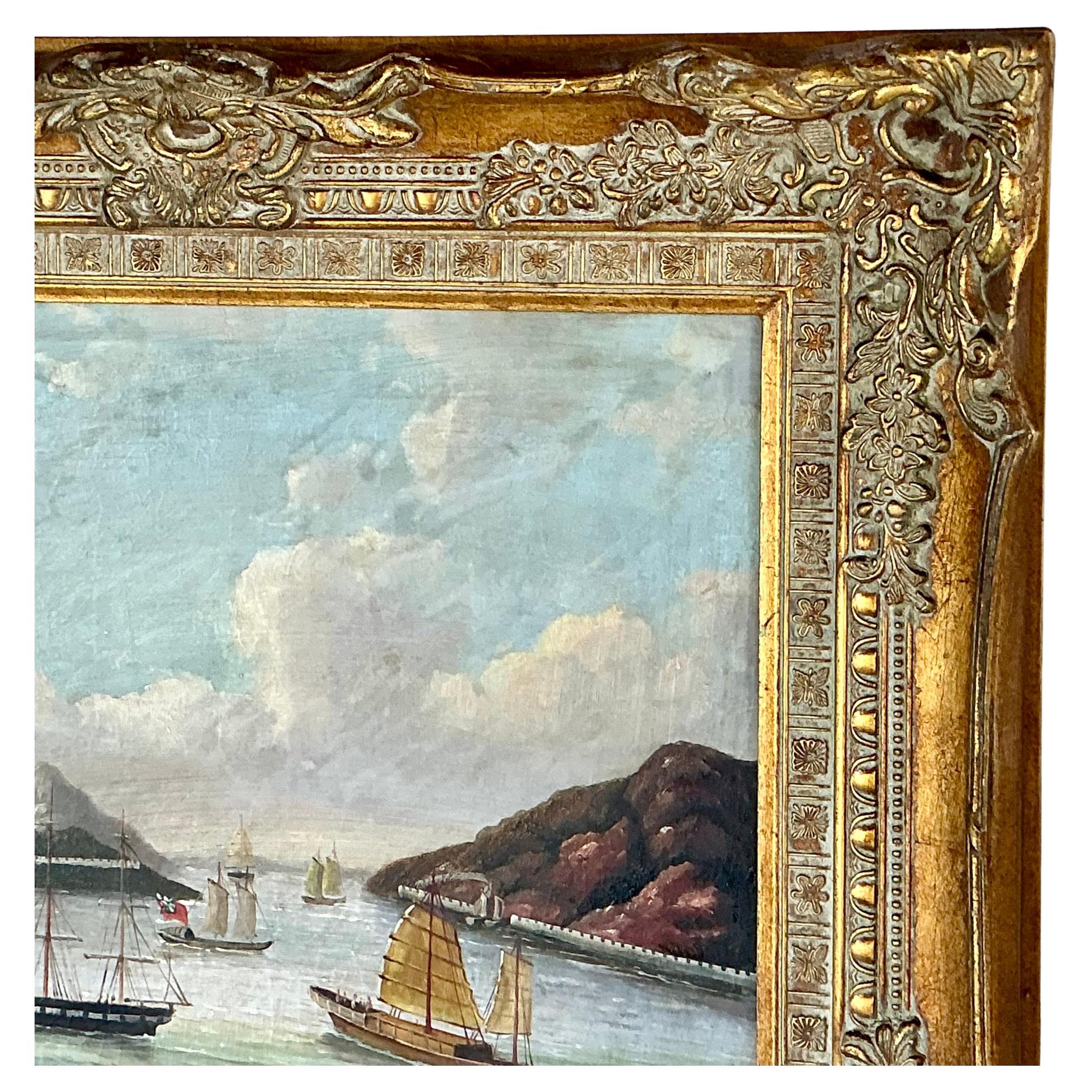 Peinture de paysage marin de l'école chinoise, huile sur toile Bon état - En vente à Bradenton, FL