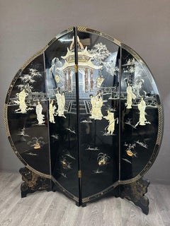 Chinese Screen In Black Lacquer And Mother-of-pearl Inlays 20th Century