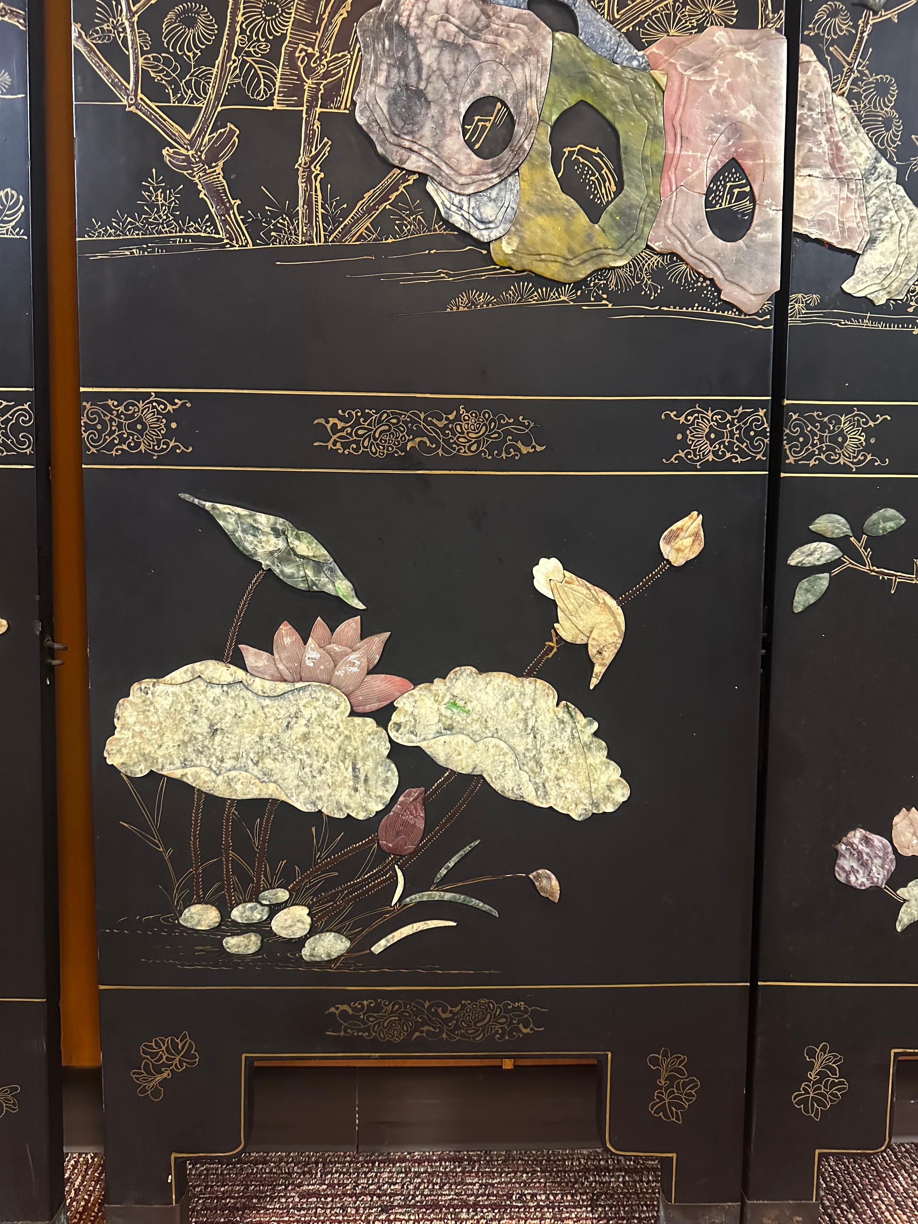 Hand-Carved Chinese Screen with Semi-Precious Stone For Sale